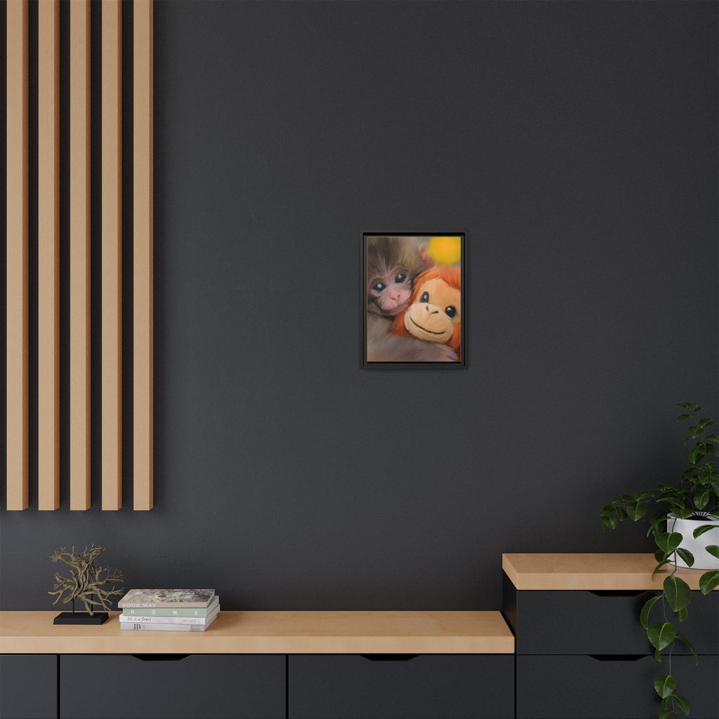 Framed Matte Canvas Print — Baby Monkey & Plush Orangutan Wall Art