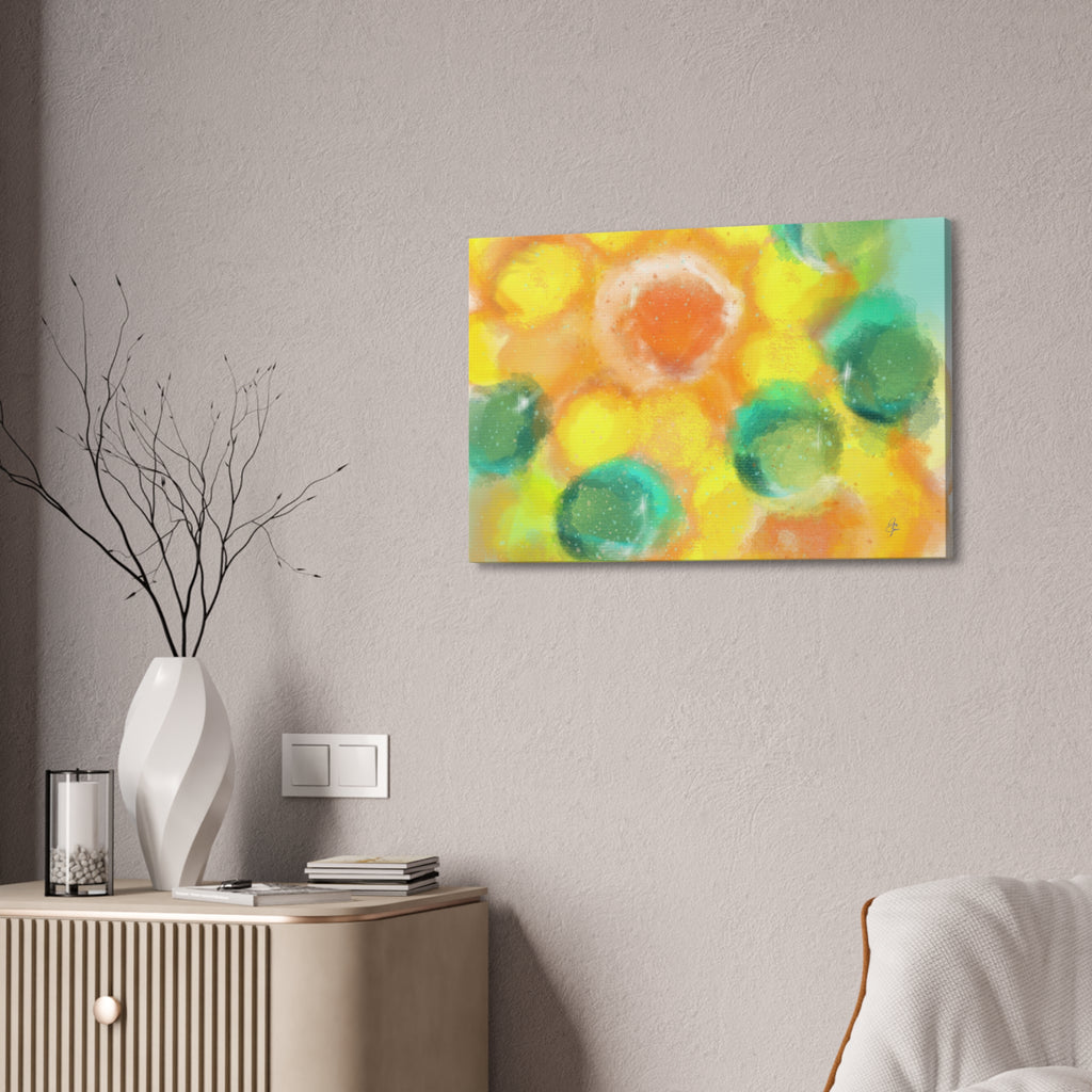 Abstract Sunshine Circles Canvas Art – Vibrant Yellow & Teal Stretched Wall Decor