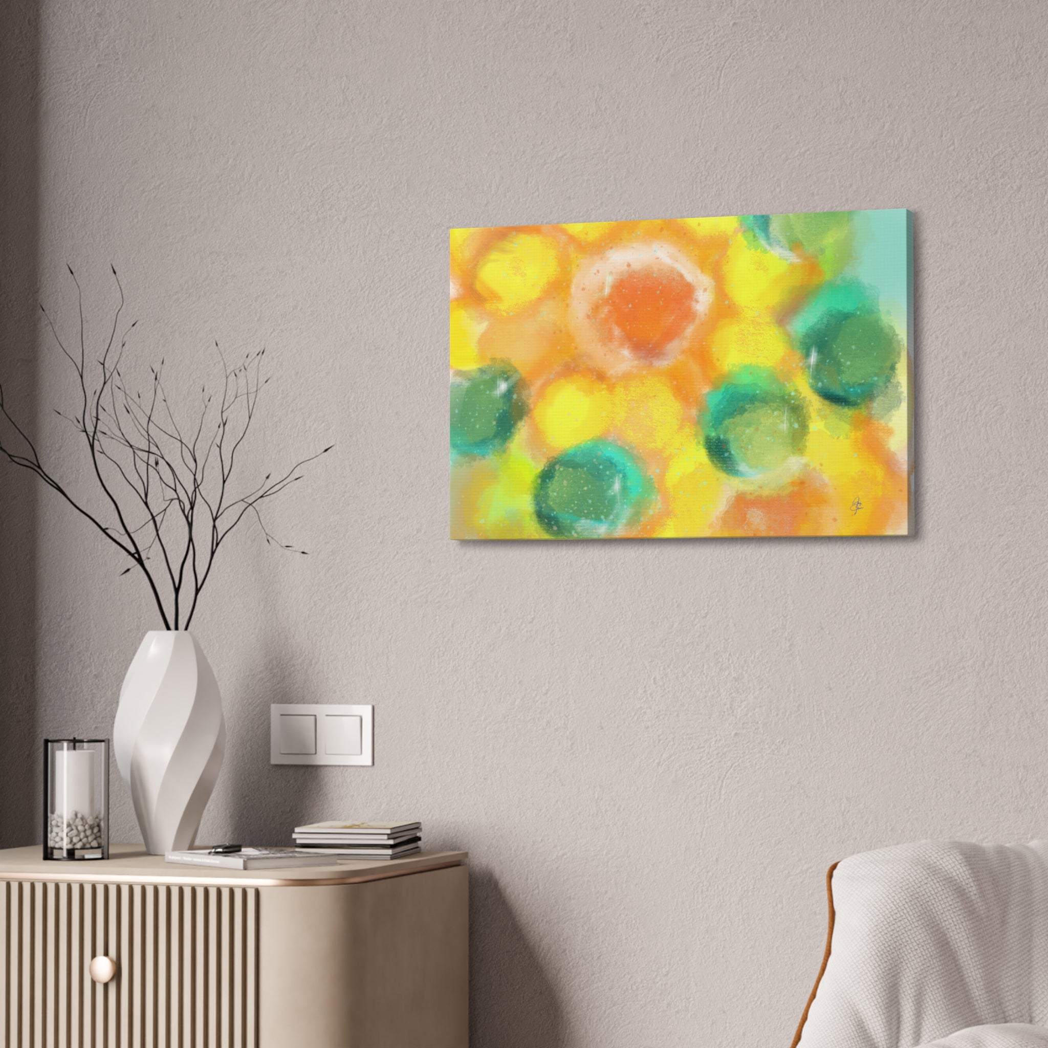 Abstract Sunshine Circles Canvas Art – Vibrant Yellow & Teal Stretched Wall Decor