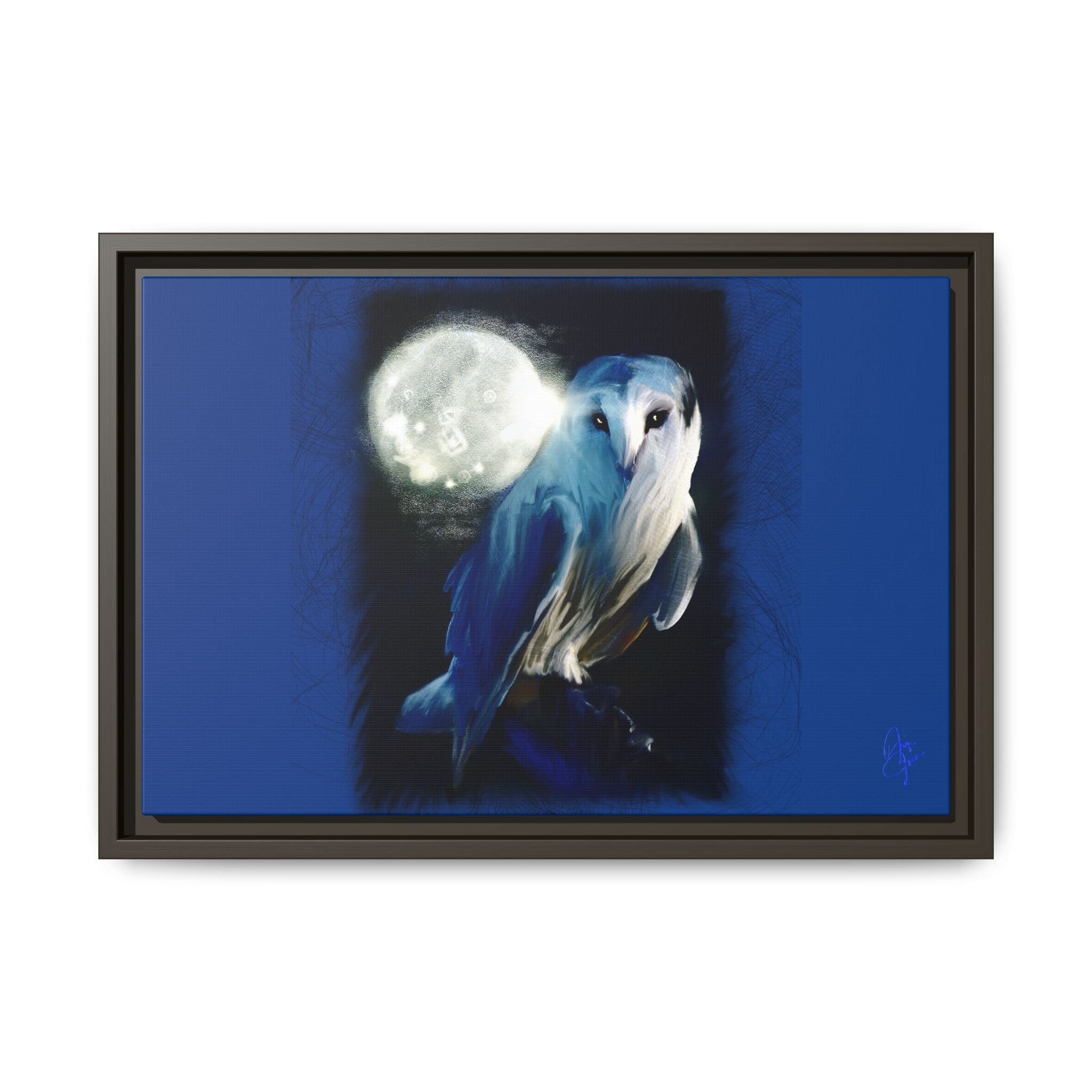 Moonlight Owl Matte Framed Canvas — Mystical Blue Owl Wall Art