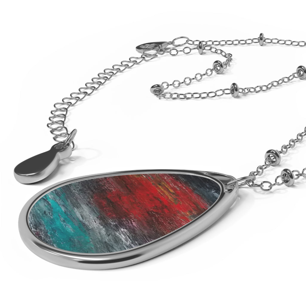 Abstract Teardrop Pendant Necklace — Red & Teal Ocean Art Oval Necklace