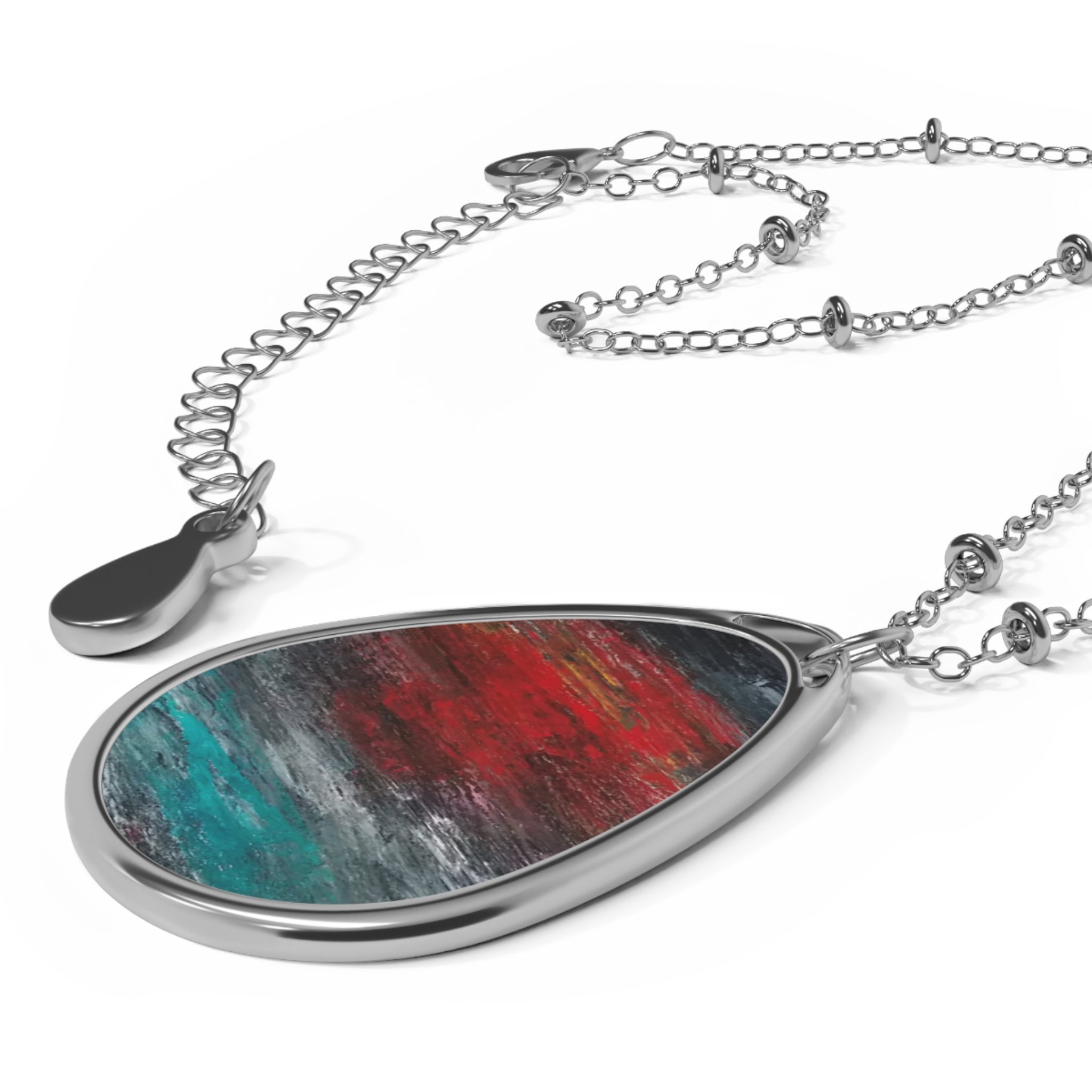 Abstract Teardrop Pendant Necklace — Red & Teal Ocean Art Oval Necklace