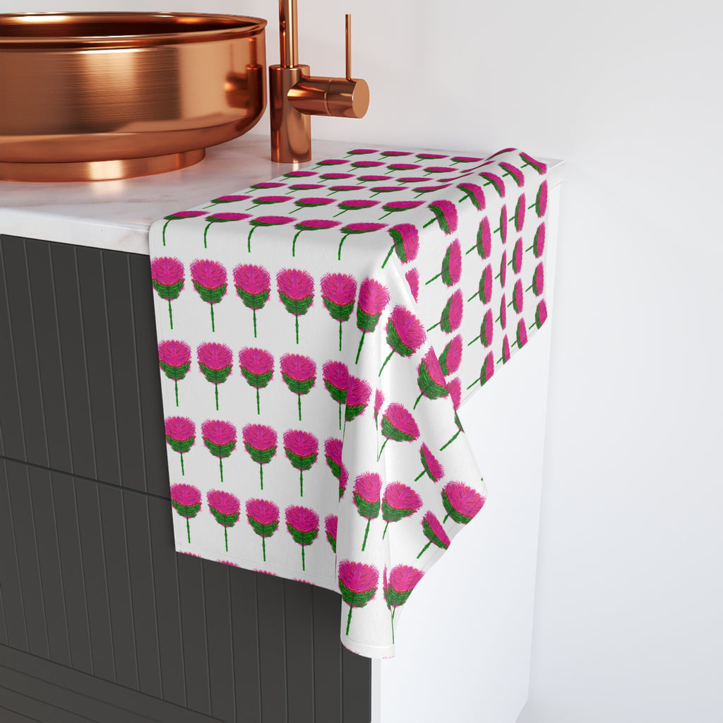 Pink Pom Pom Floral Pattern Hand Towel — Cute Kitchen or Bathroom Accent