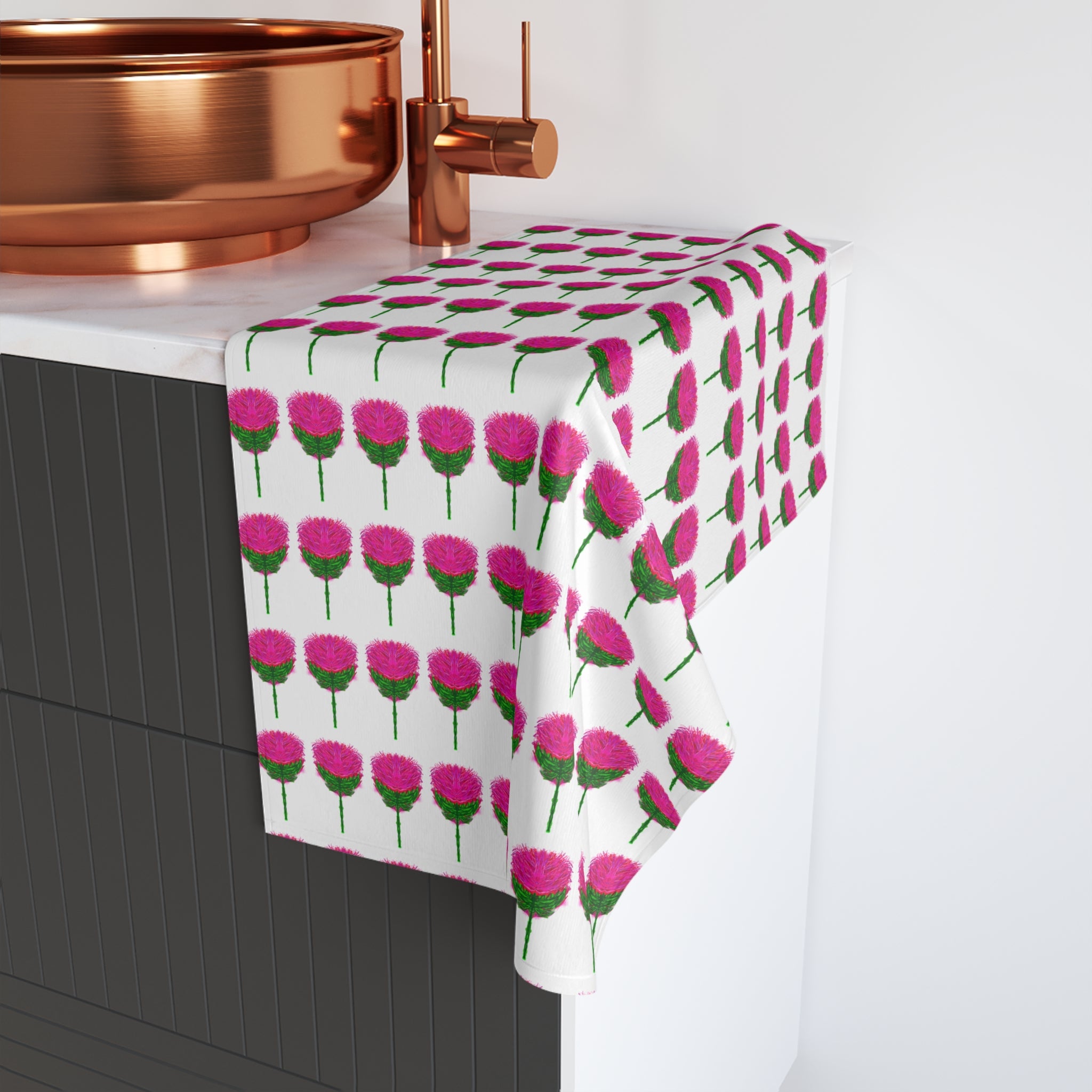 Pink Pom Pom Floral Pattern Hand Towel — Cute Kitchen or Bathroom Accent