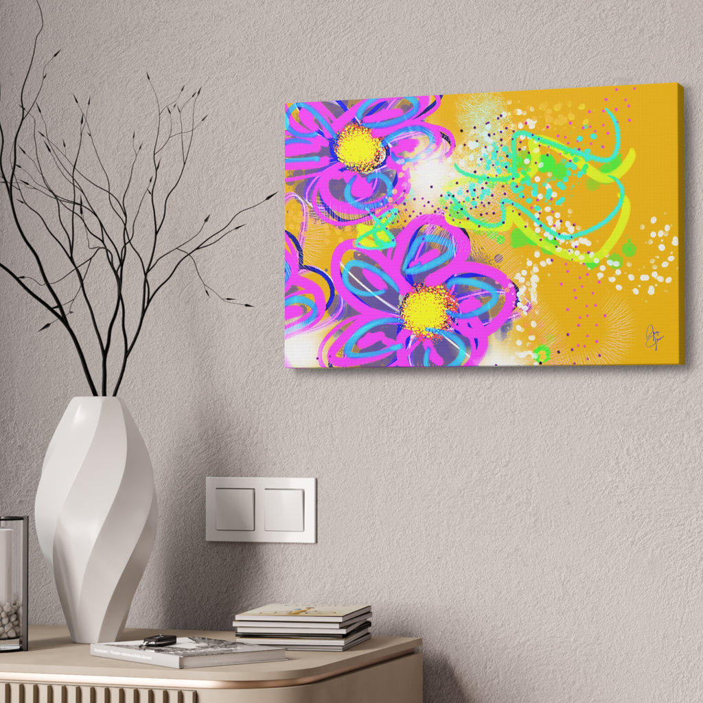 Vibrant Neon Floral Canvas Print — Pink & Green Stretched Wall Art