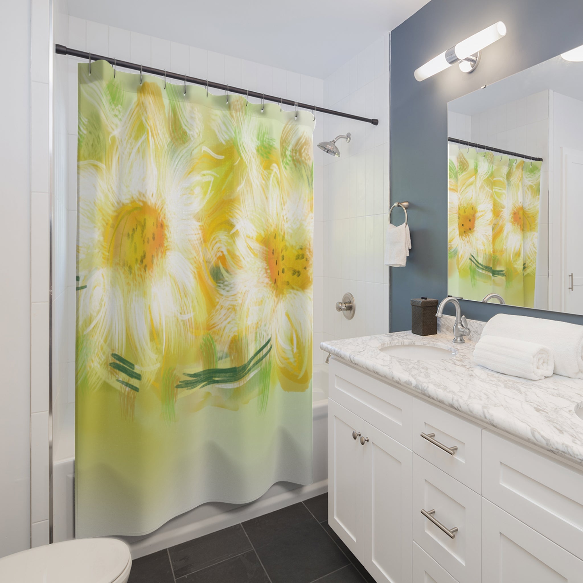 Sunlit Daisies Floral Shower Curtain — Bright Yellow Watercolor Bathroom Décor