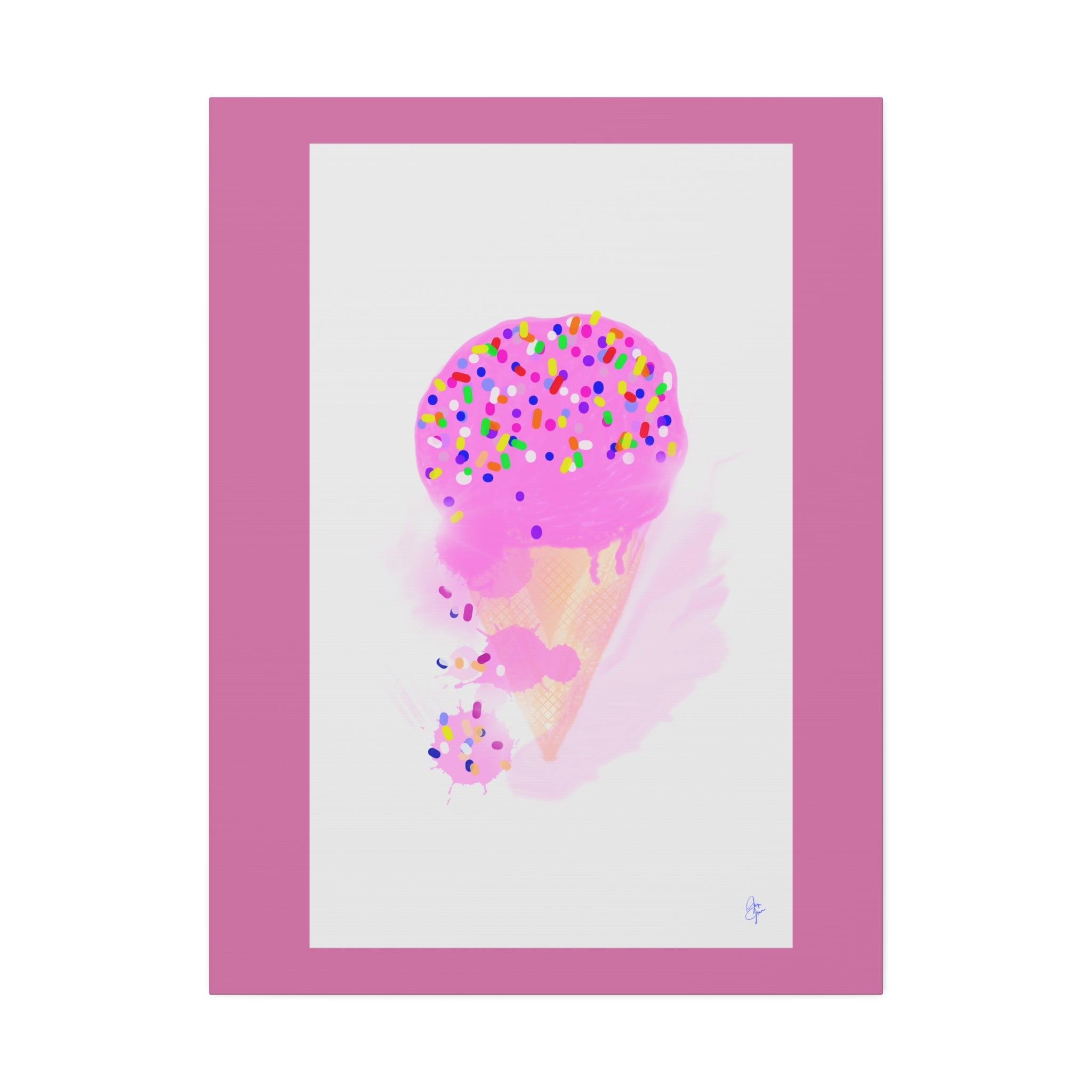 Pink Sprinkle Ice Cream Cone Canvas Print — Cute Pastel Wall Art