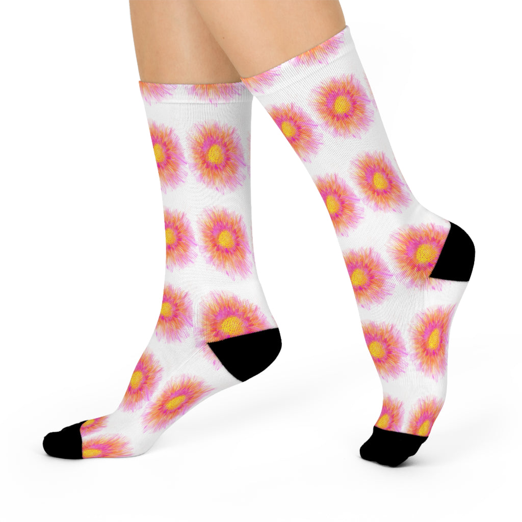 Floral Burst Cushioned Crew Socks – Pink & Yellow Tie-Dye Sunflowers