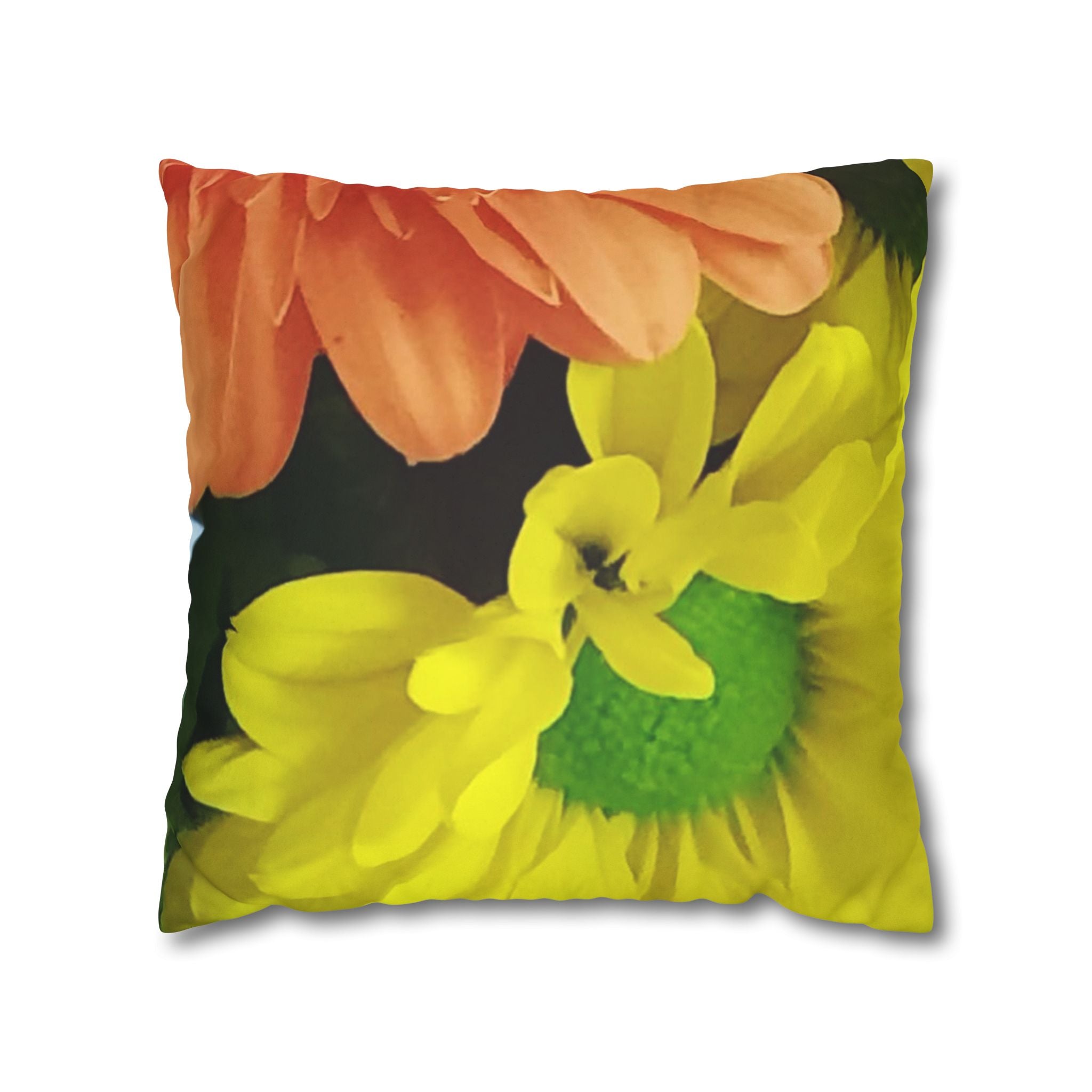 Floral Faux Suede Pillowcase — Yellow & Peach Daisy Accent Cushion Cover