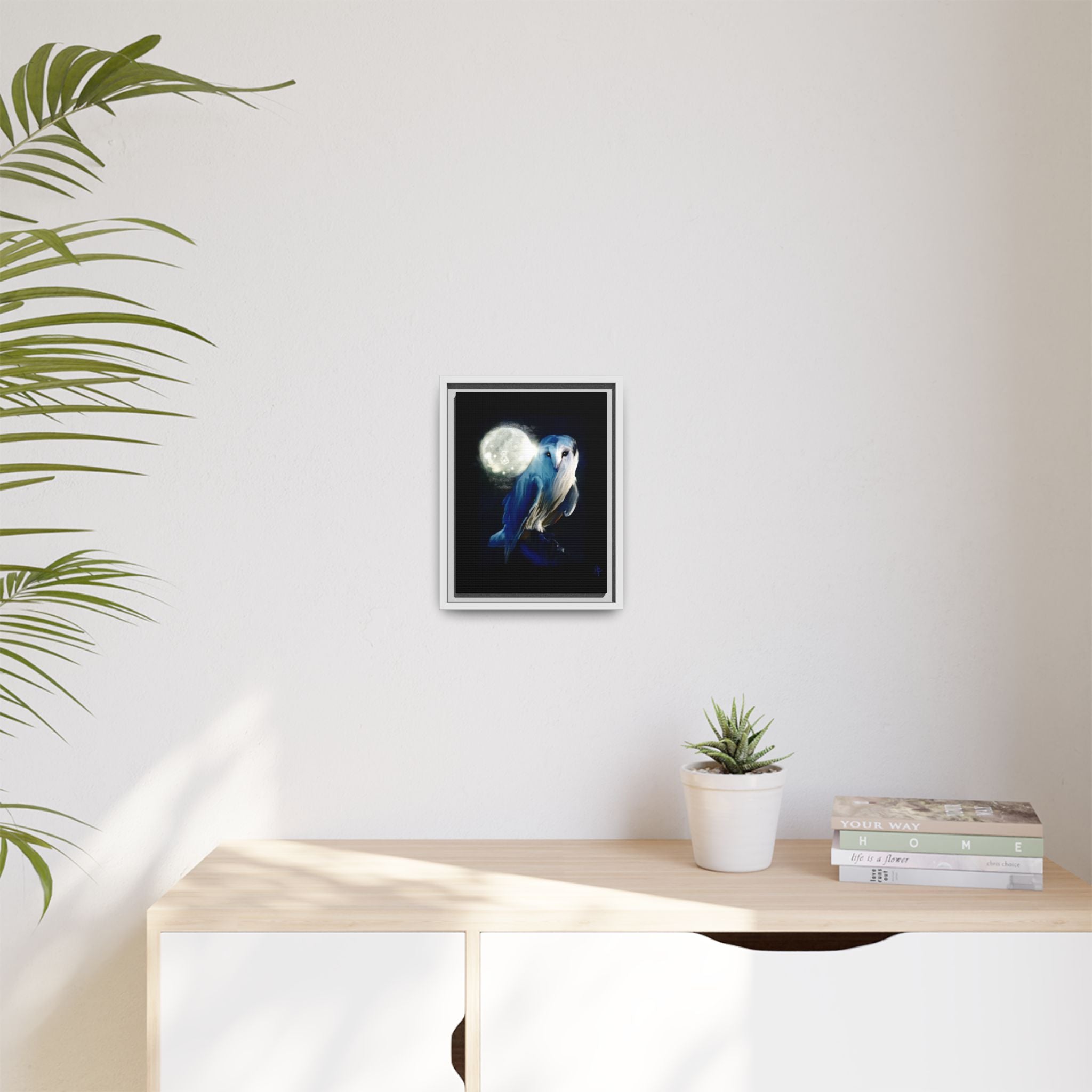 Moonlight Owl Matte Framed Canvas — Mystical Blue Owl Wall Art
