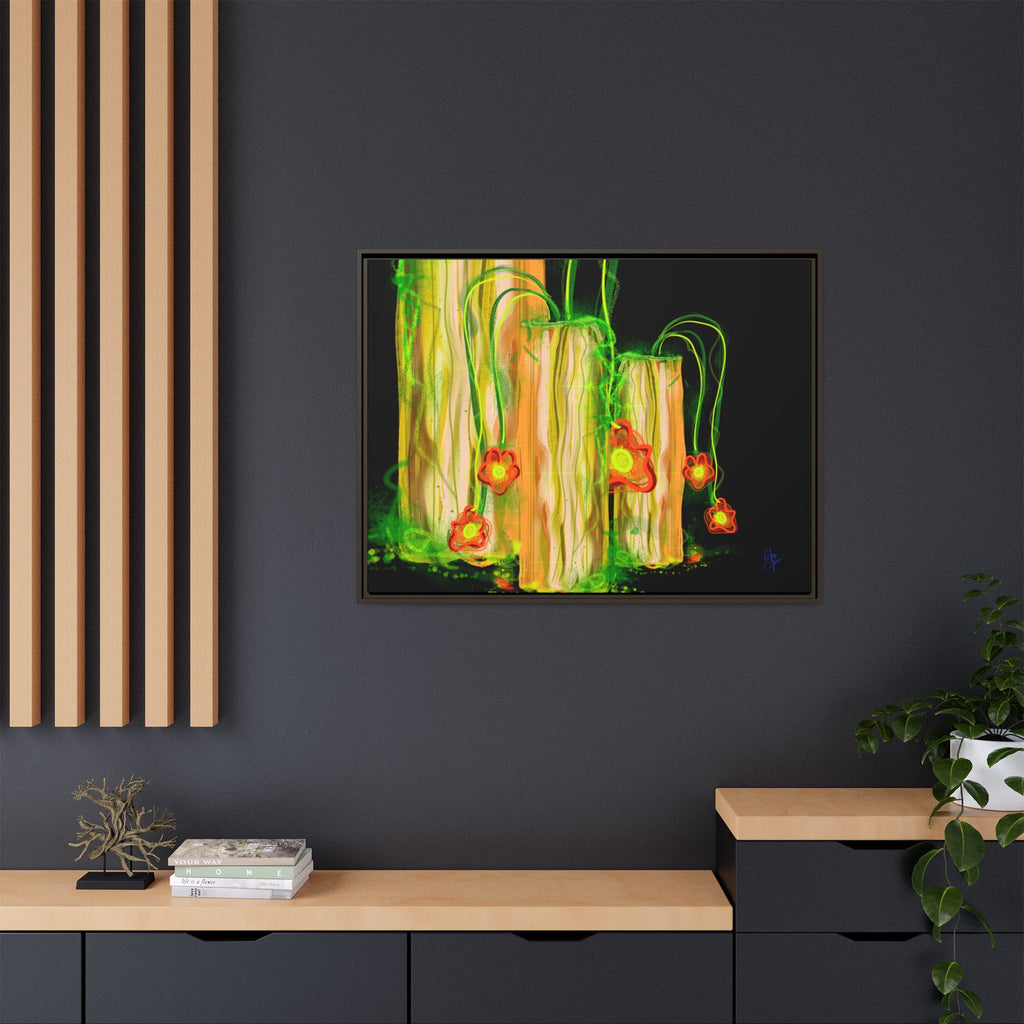 Framed Matte Canvas Print — Neon Floral Candlelight Art