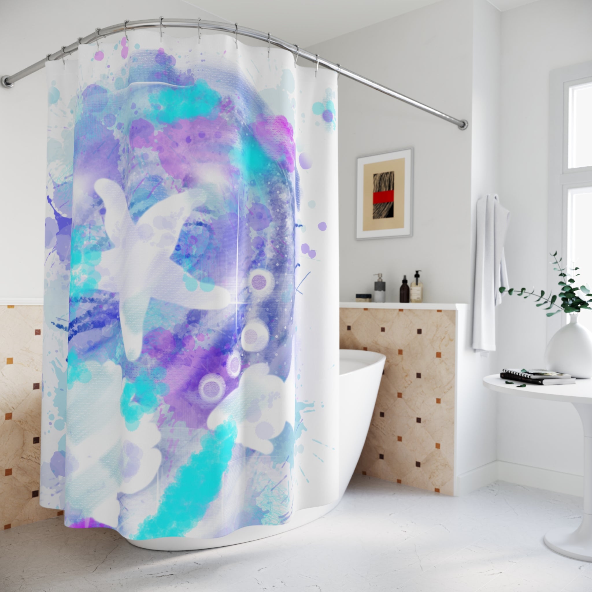 Ocean Watercolor Shower Curtain — Teal & Lavender Starfish Bathroom Decor
