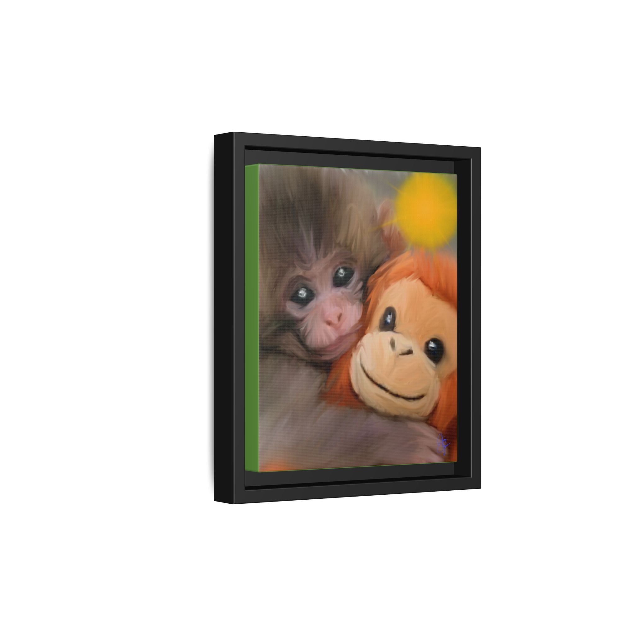 Framed Matte Canvas Print — Baby Monkey & Plush Orangutan Wall Art