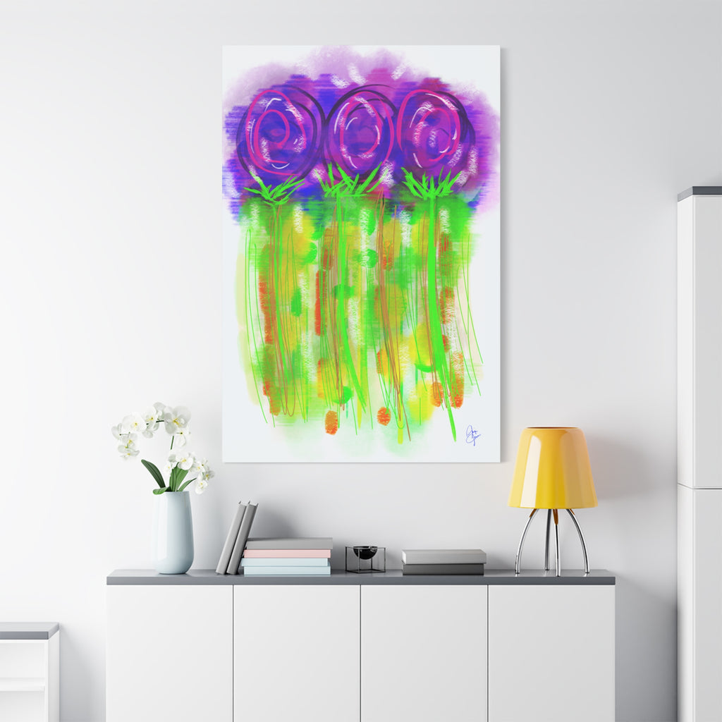 Abstract Purple Flowers Matte Canvas Wall Art — Vibrant Floral Painting on Stretched Canvas