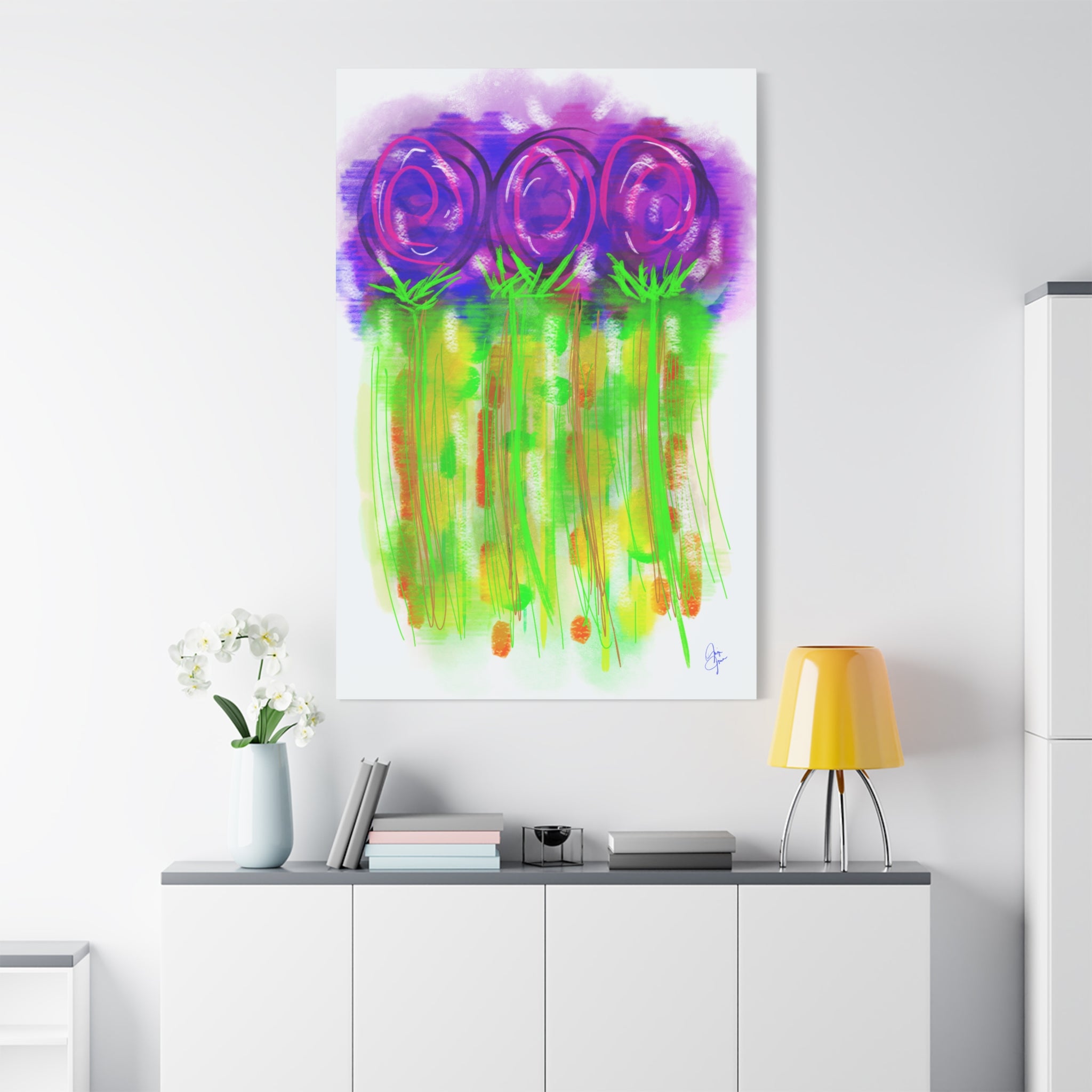 Abstract Purple Flowers Matte Canvas Wall Art — Vibrant Floral Painting on Stretched Canvas