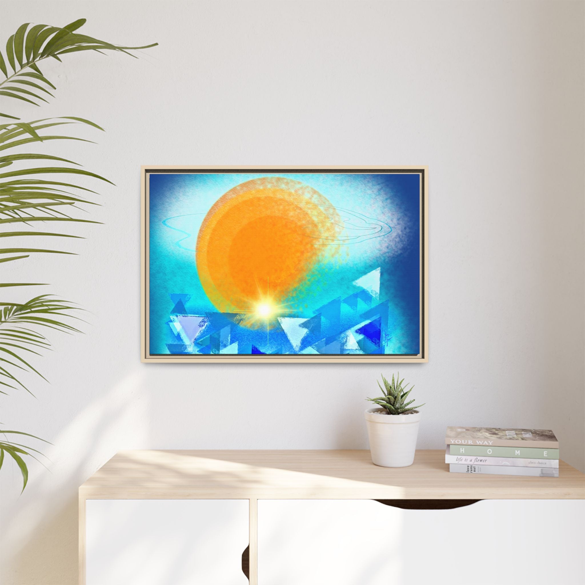 Abstract Sunrise Framed Canvas Art – Orange Sun Over Blue Geometric Waves