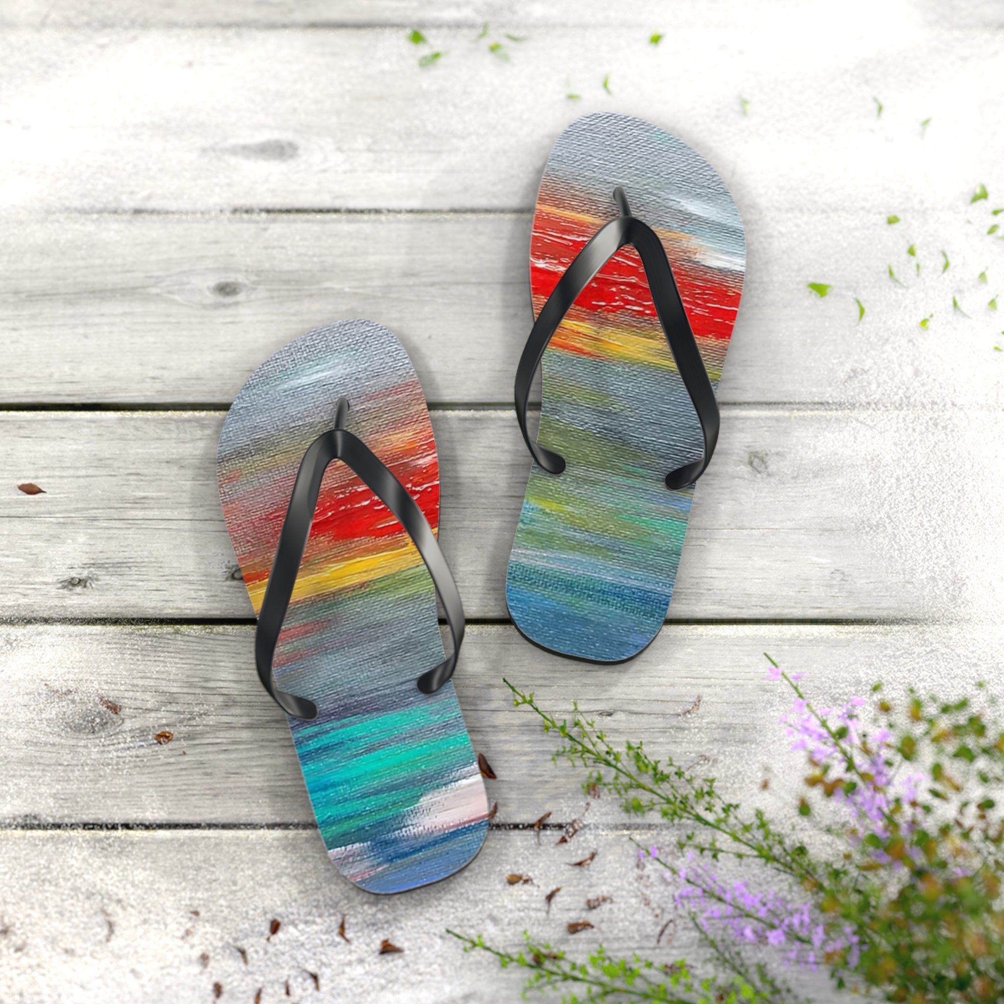 Watercolor Sunset Flip Flops — Colorful Beach Sandal for Summer & Vacation