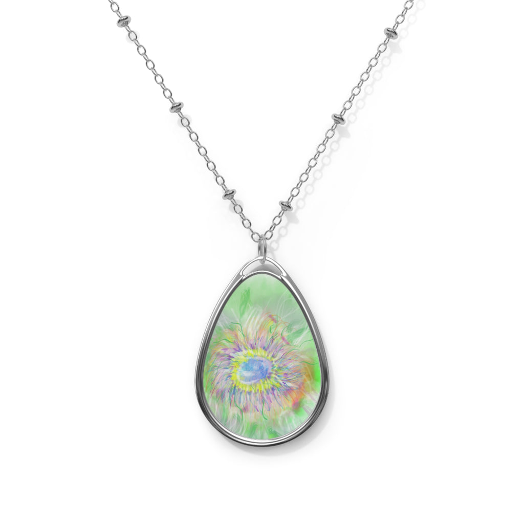Iridescent Floral Oval Necklace — Green Teardrop Pendant Jewelry