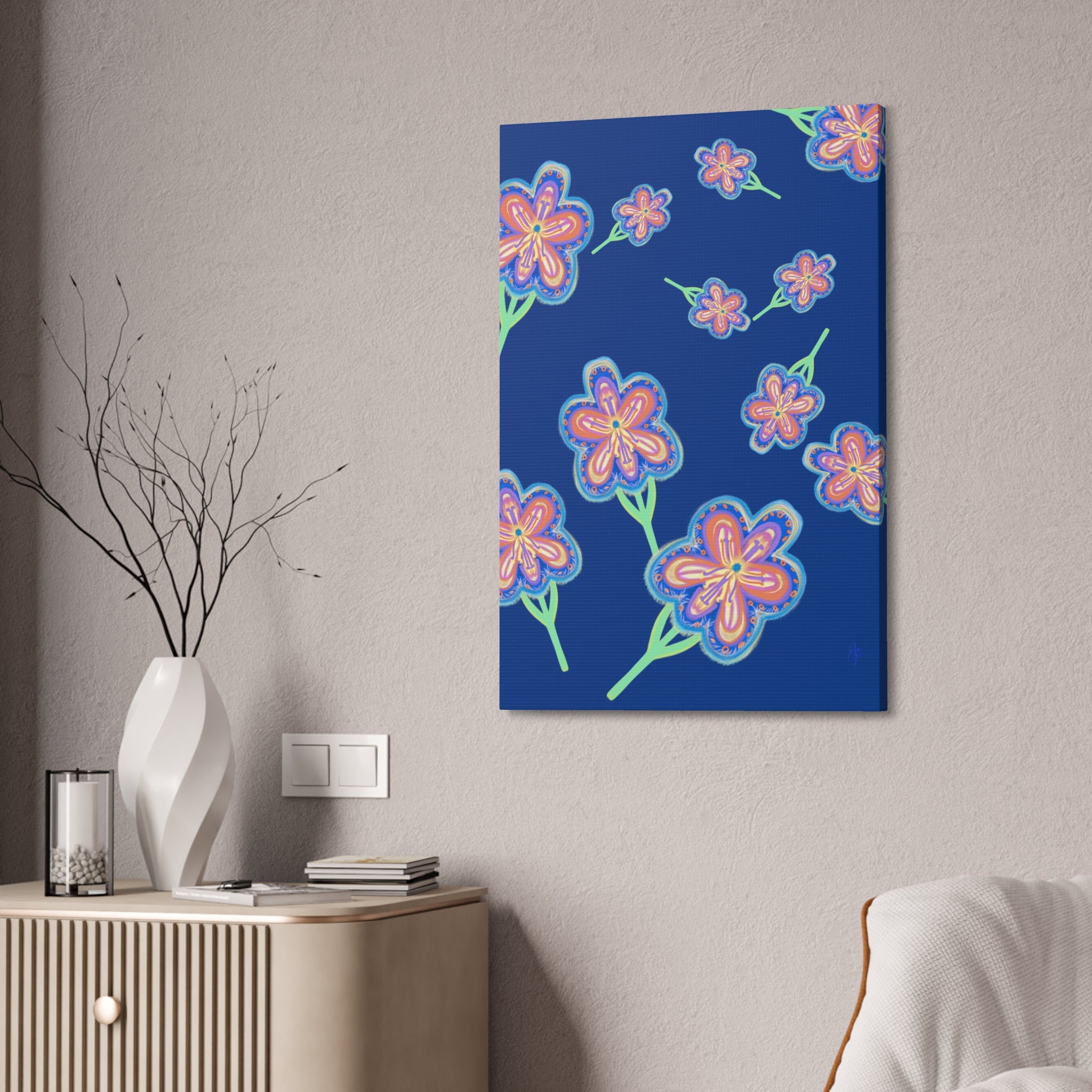 Floral Pop Canvas — Bright Blue Hand-Drawn Flowers Stretched Canvas