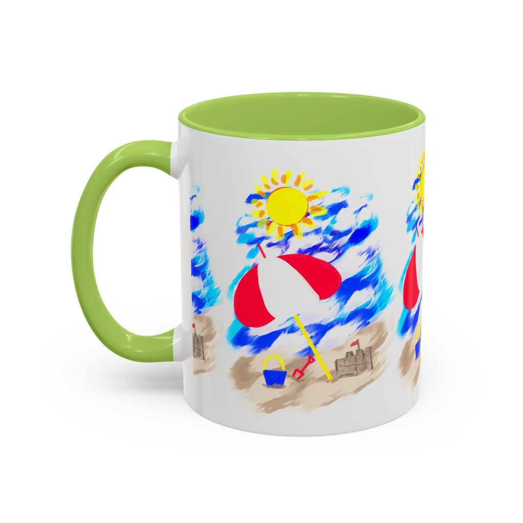 Beach Scene Coffee Mug – Summer Umbrella, Sun & Sandcastle Accent Mug