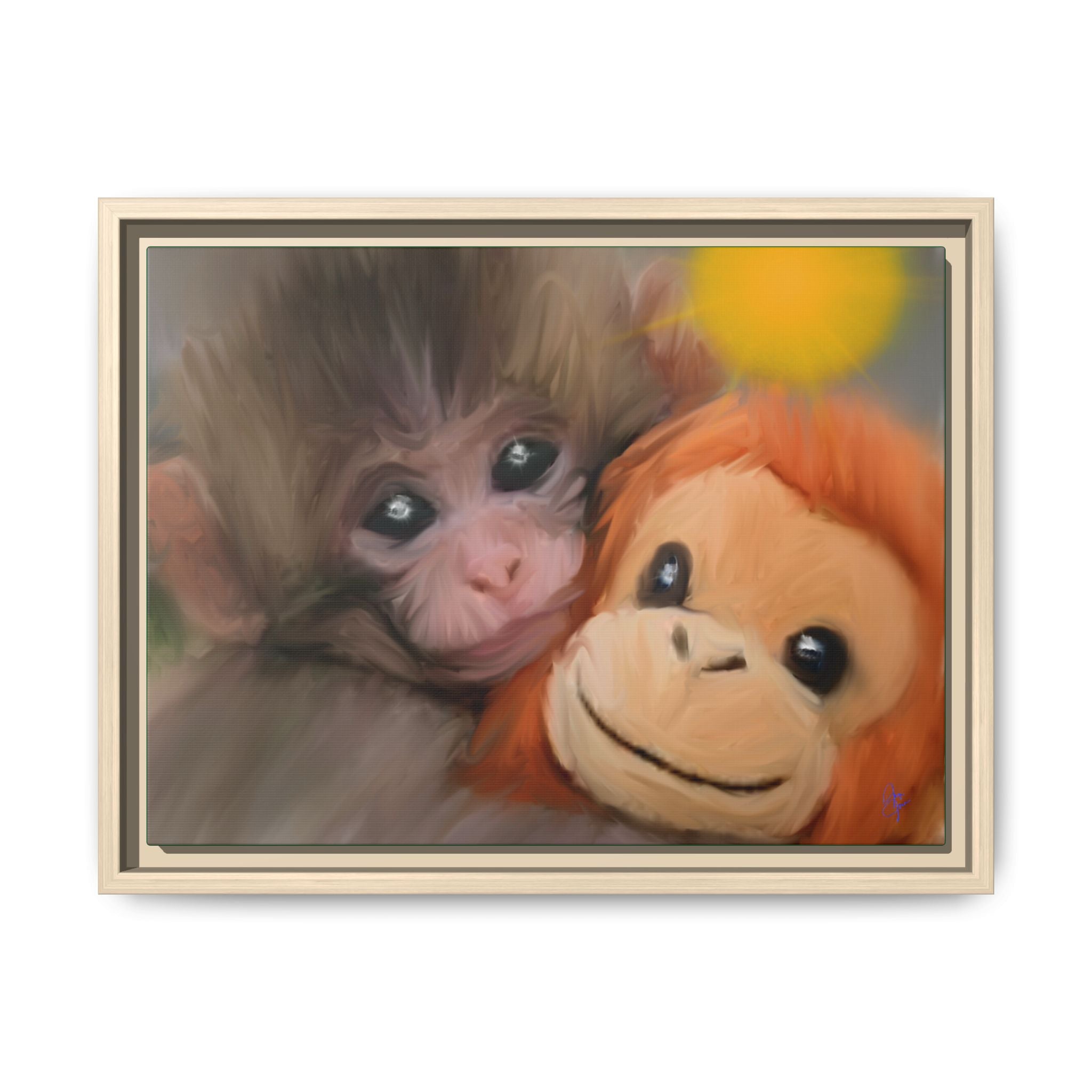 Framed Matte Canvas Print — Baby Monkey & Plush Orangutan Wall Art