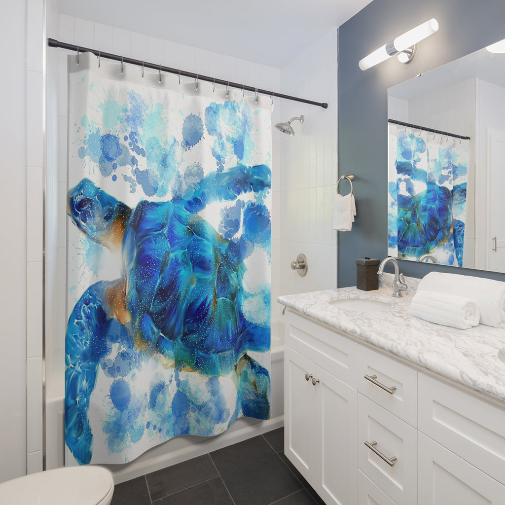 Sea Turtle Shower Curtain — Blue Watercolor Ocean Bath Decor