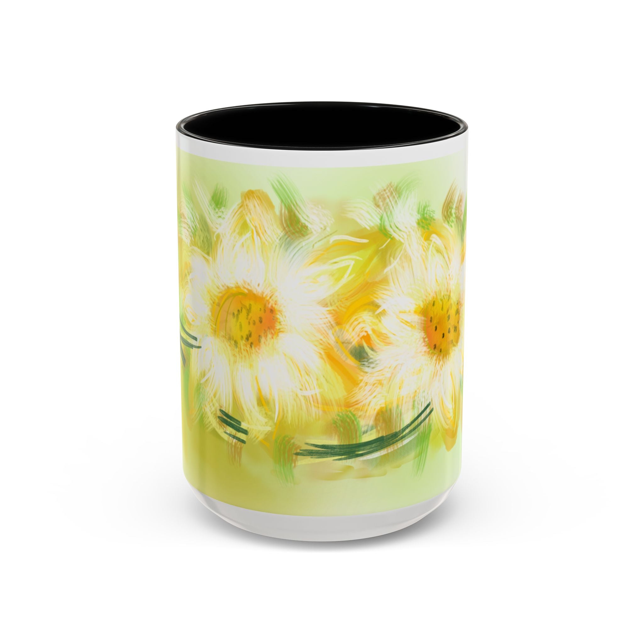 Sunlit Daisy Accent Coffee Mug — Yellow Floral 11/15oz