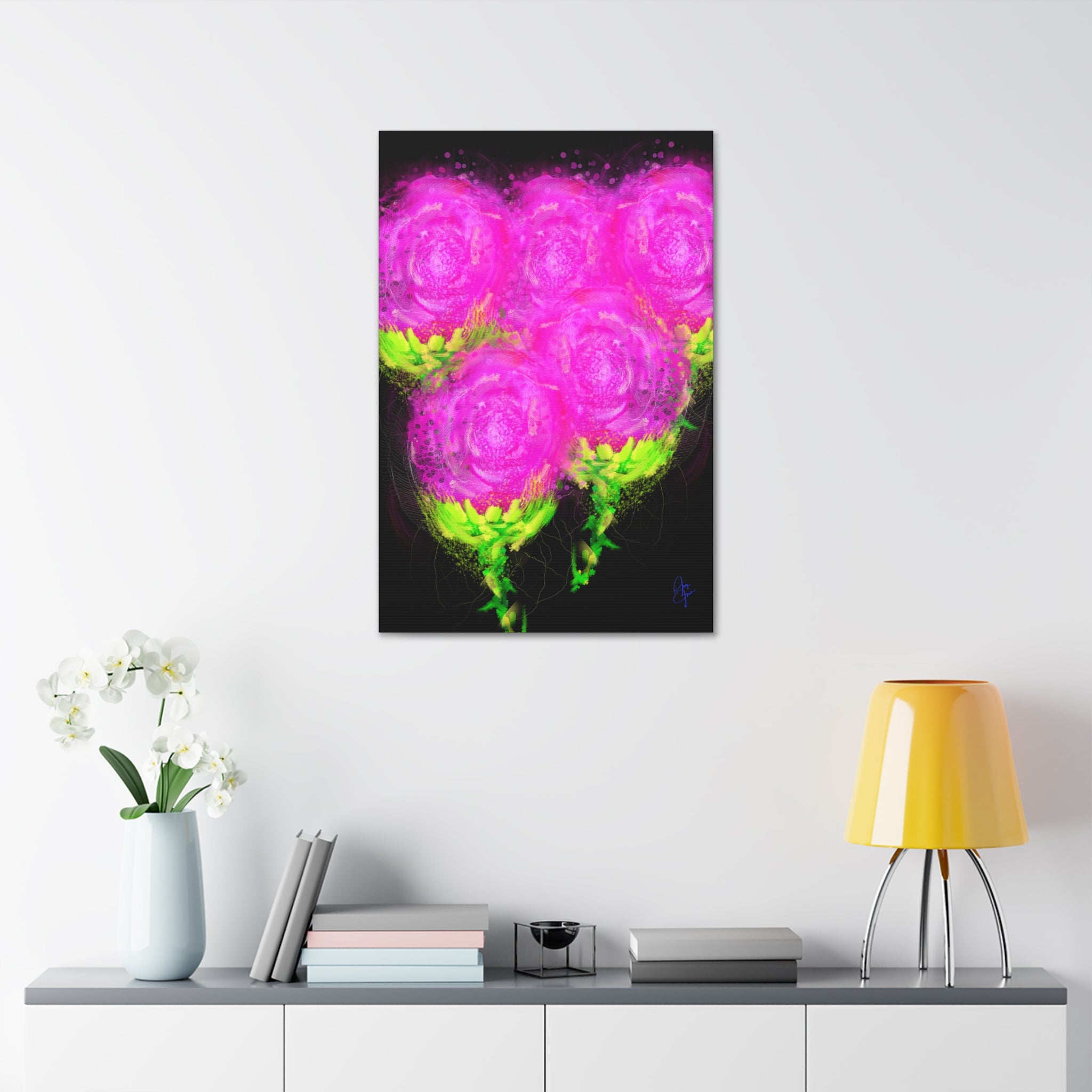 Bright Pink Floral Canvas Print — Modern Abstract Rose Wall Art (Stretched Canvas)