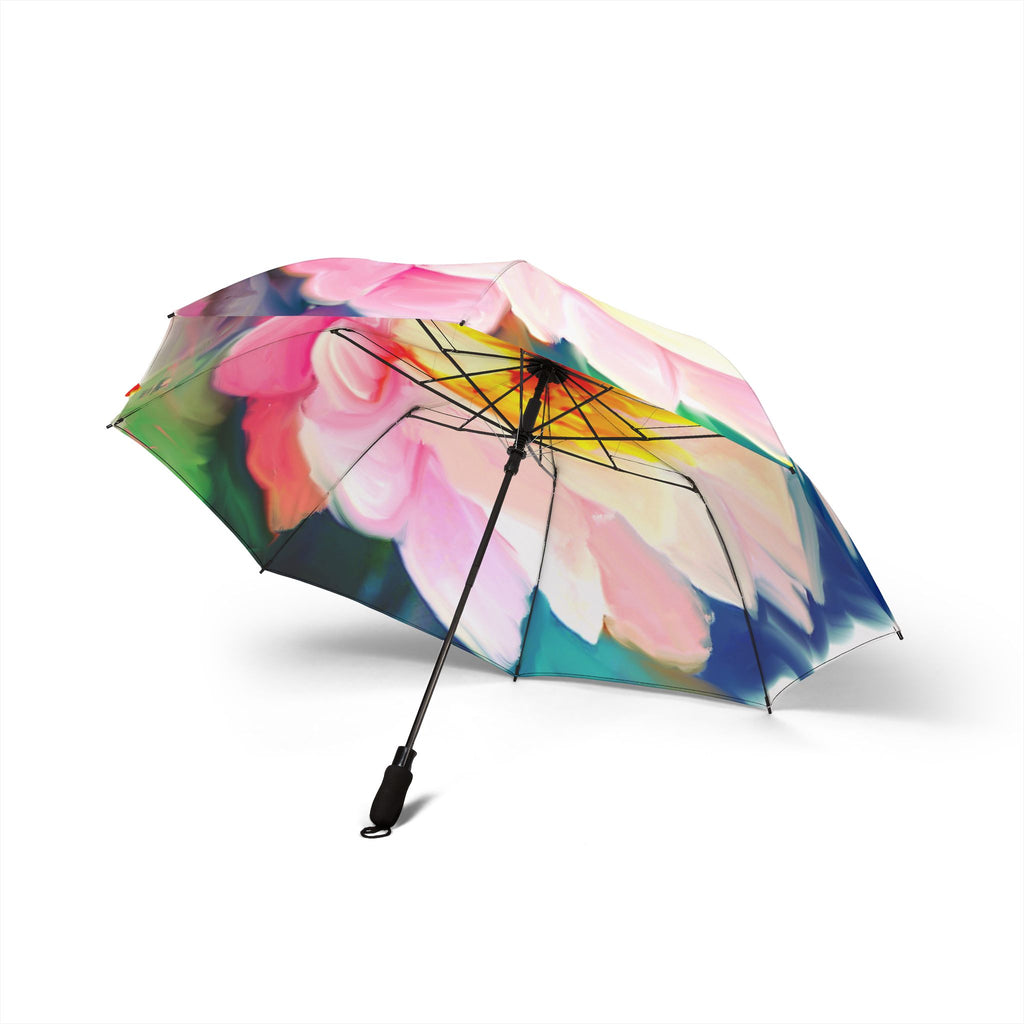 Floral Watercolor Foldable Umbrella — Pink Lotus Print, Compact Semi‑Automatic Rain Umbrella