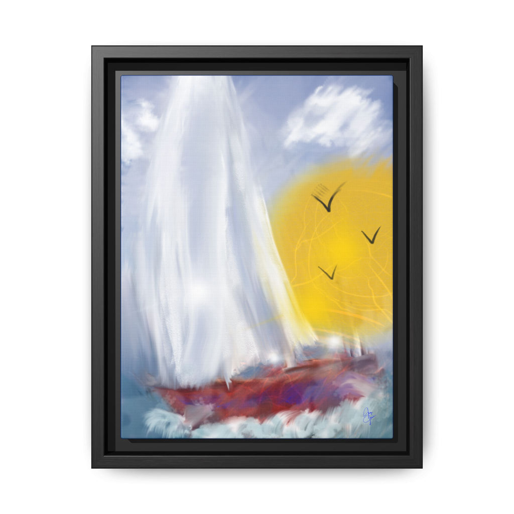 Sailboat Sunset Matte Framed Canvas Print — Coastal Seascape Wall Art