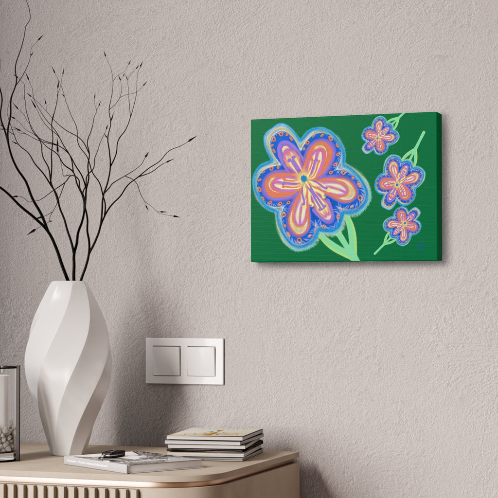 Floral Pop Canvas — Bright Blue Hand-Drawn Flowers Stretched Canvas