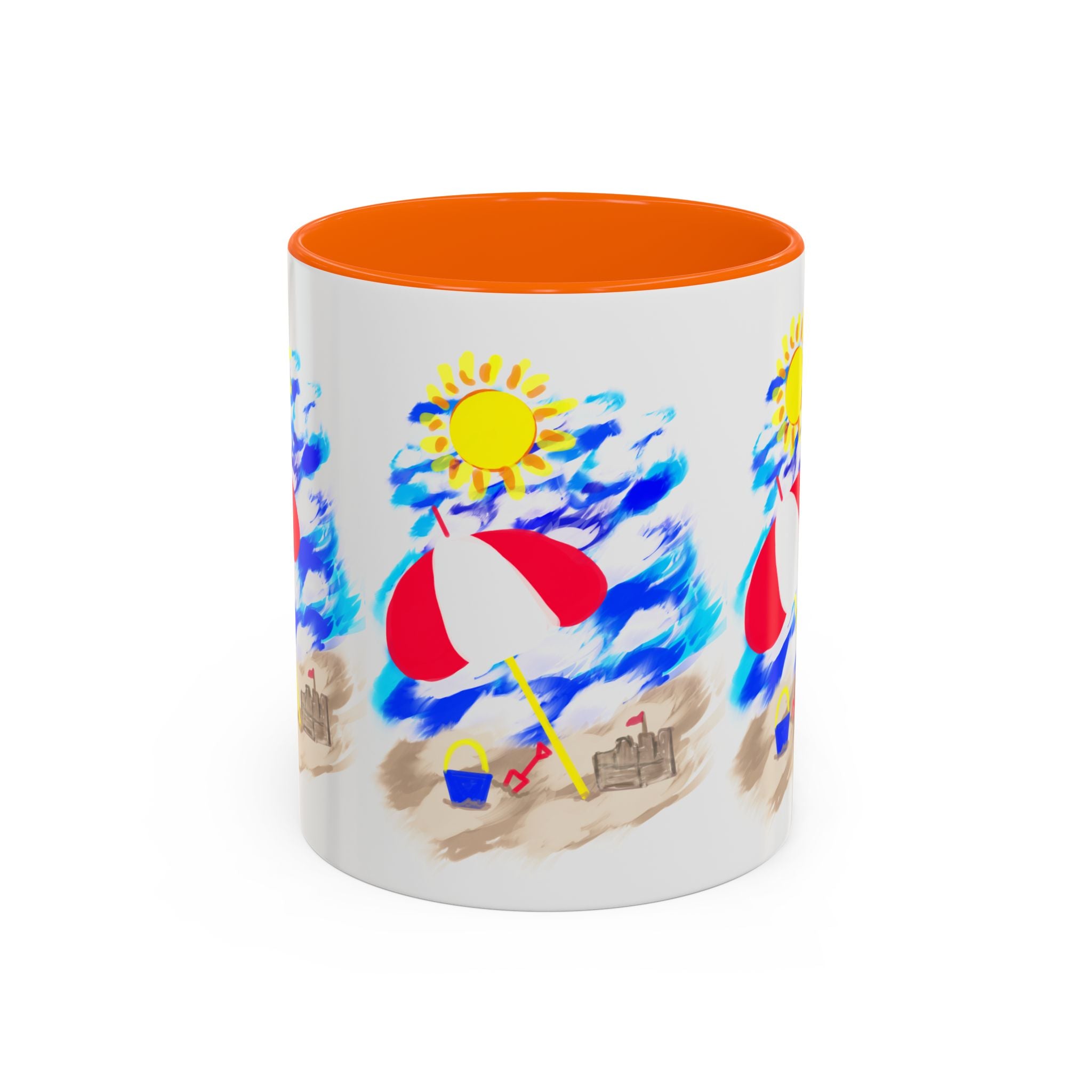 Beach Scene Coffee Mug – Summer Umbrella, Sun & Sandcastle Accent Mug