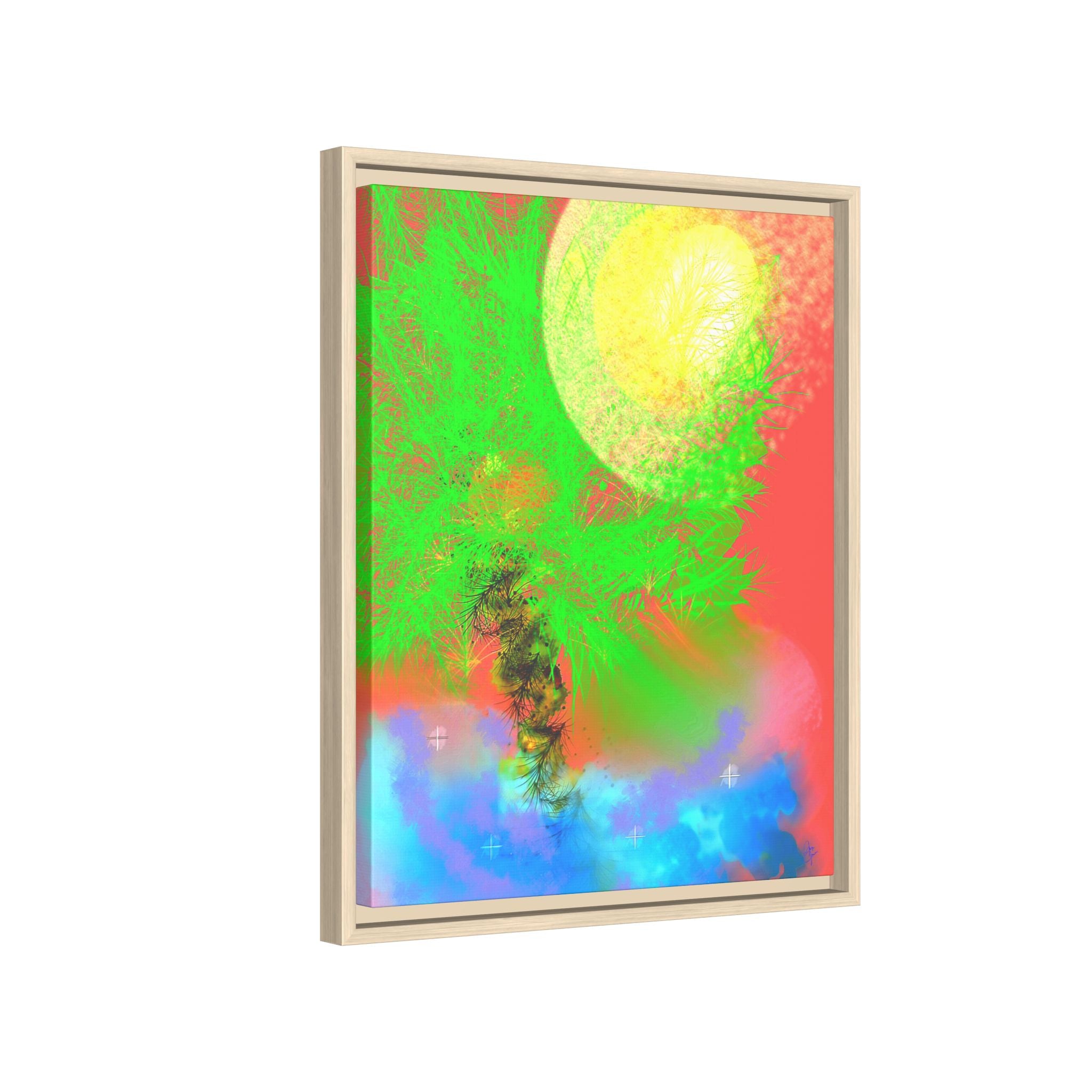 Abstract Neon Tree Matte Canvas Framed Art — Vibrant Green Moon Landscape