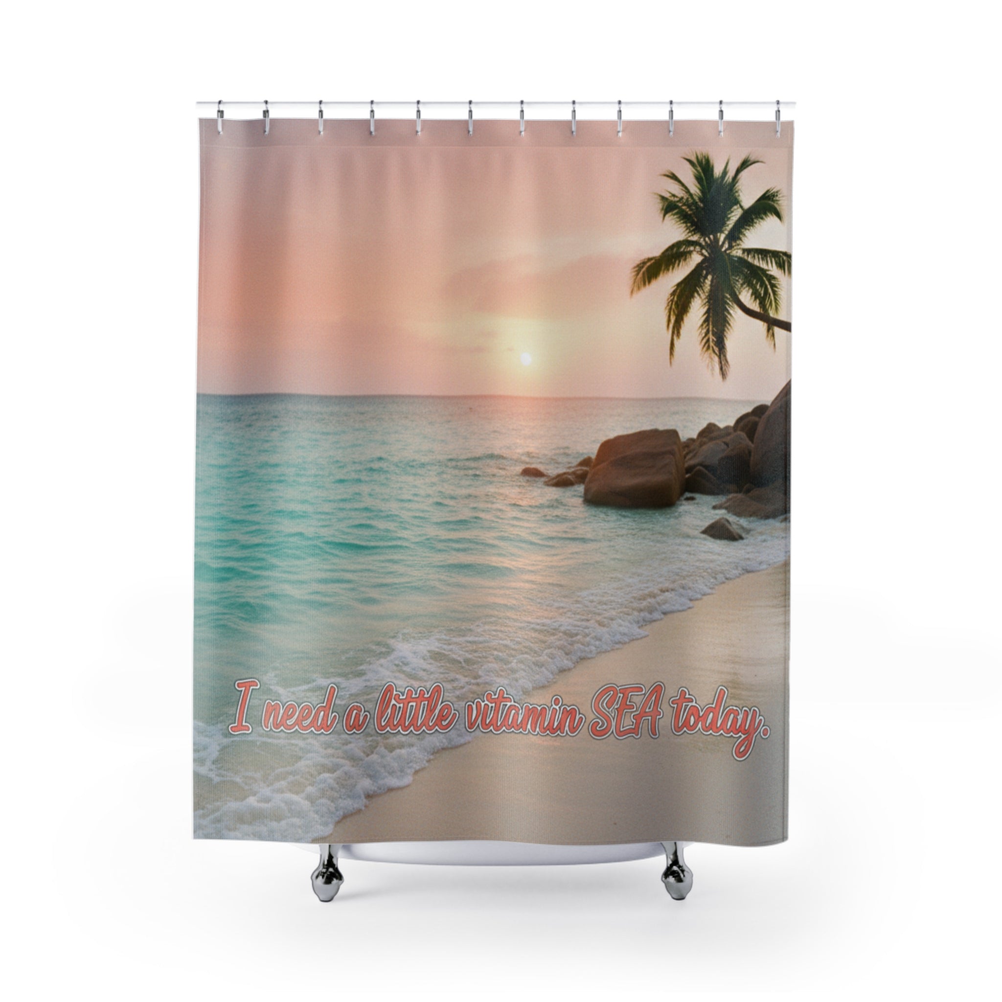 Beach Sunset Shower Curtain — "I Need a Little Vitamin SEA Today" Tropical Palm Bathroom Decor