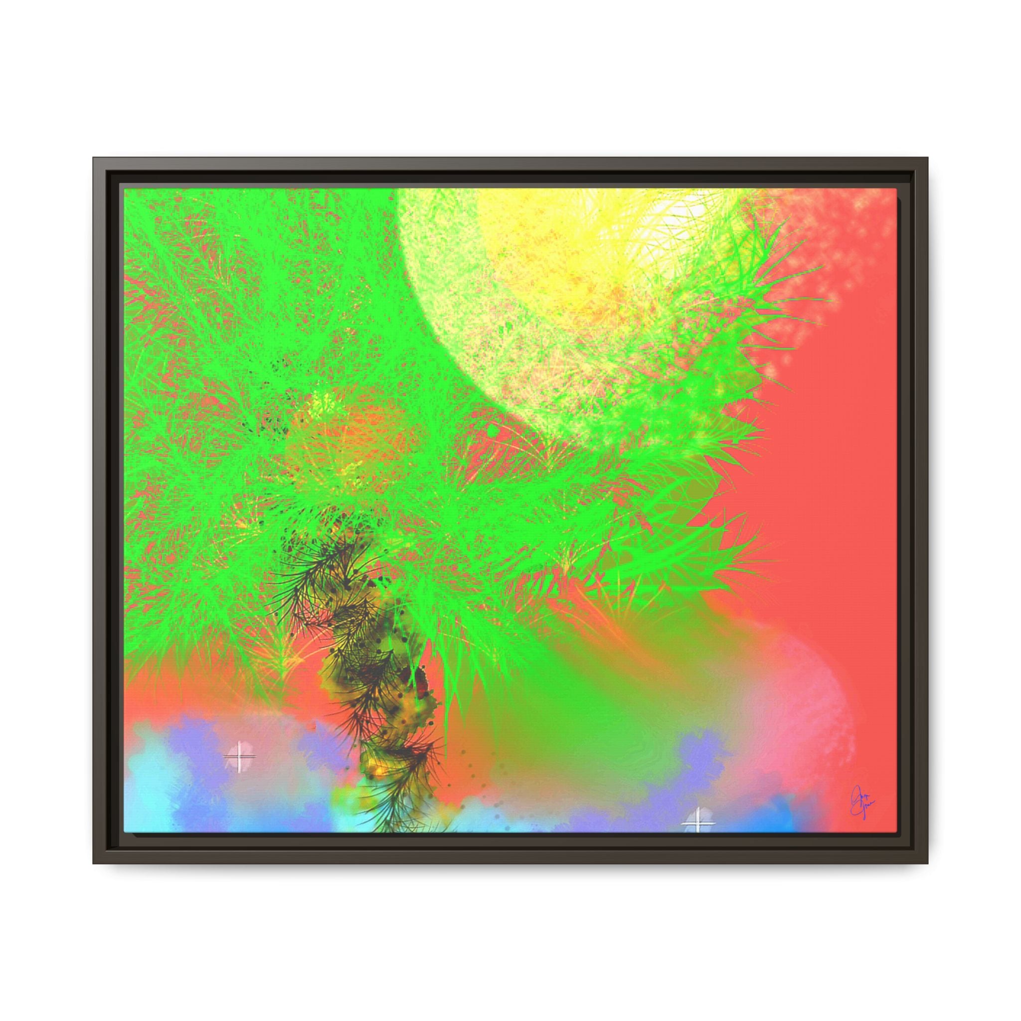 Abstract Neon Tree Matte Canvas Framed Art — Vibrant Green Moon Landscape