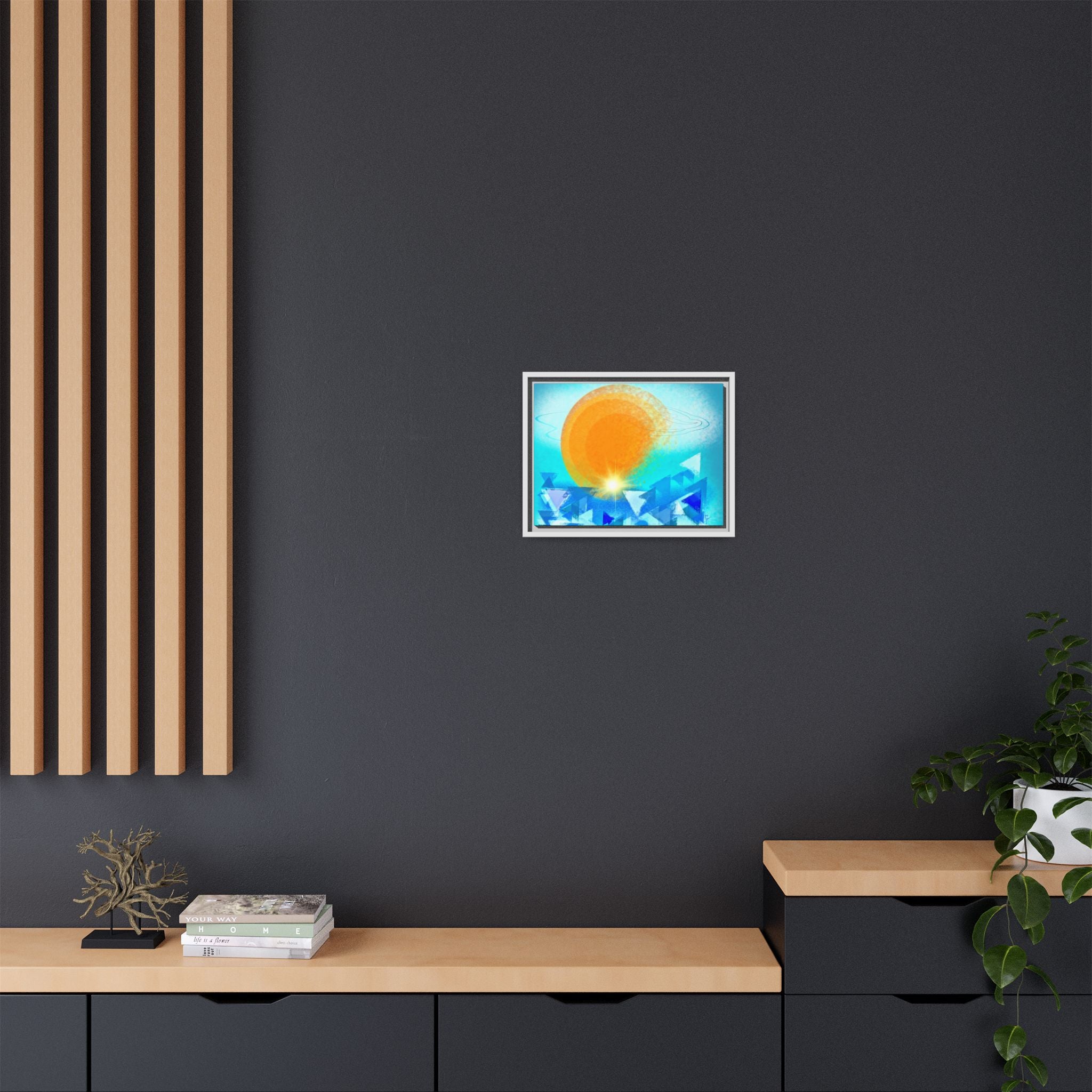 Abstract Sunrise Framed Canvas Art – Orange Sun Over Blue Geometric Waves