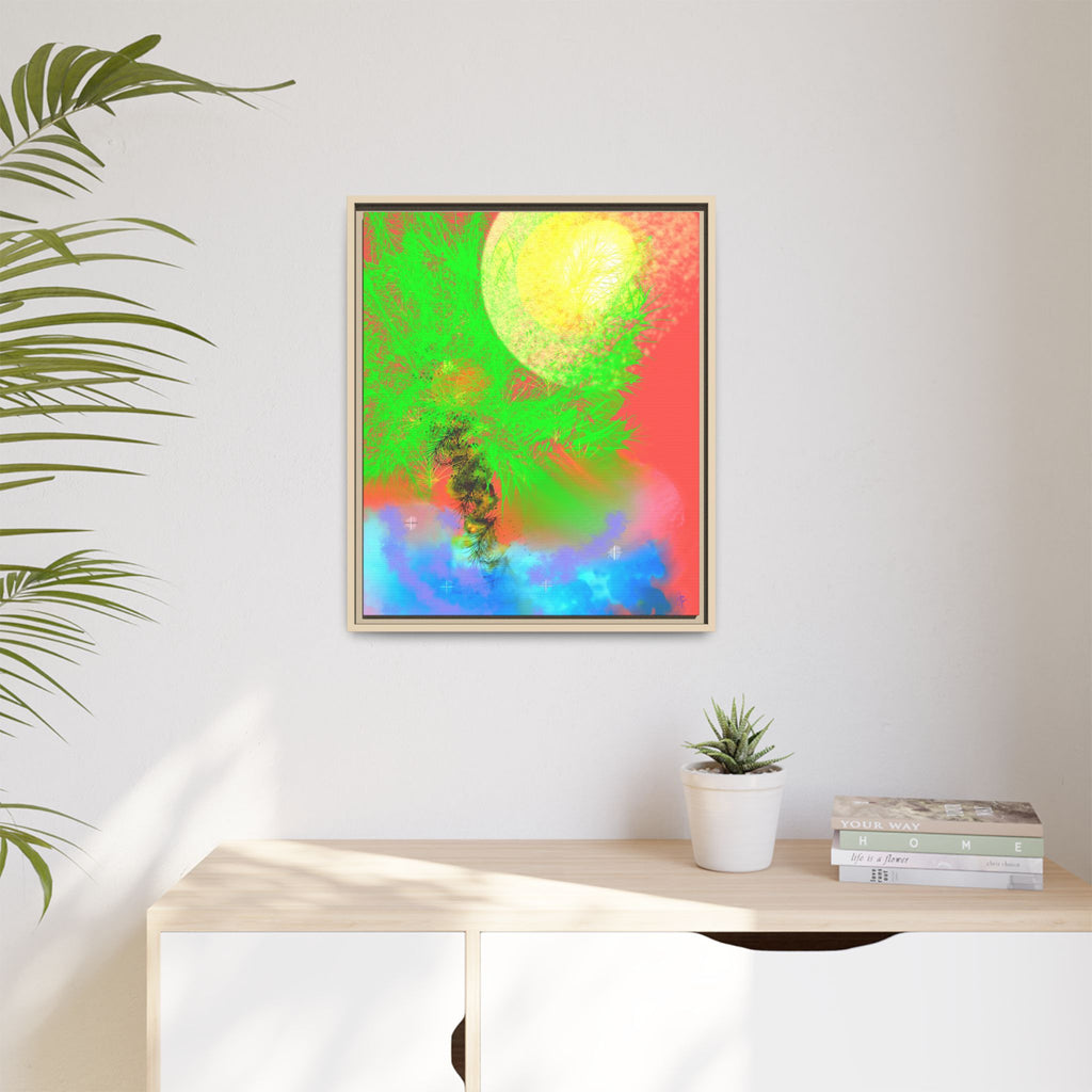 Abstract Neon Tree Matte Canvas Framed Art — Vibrant Green Moon Landscape