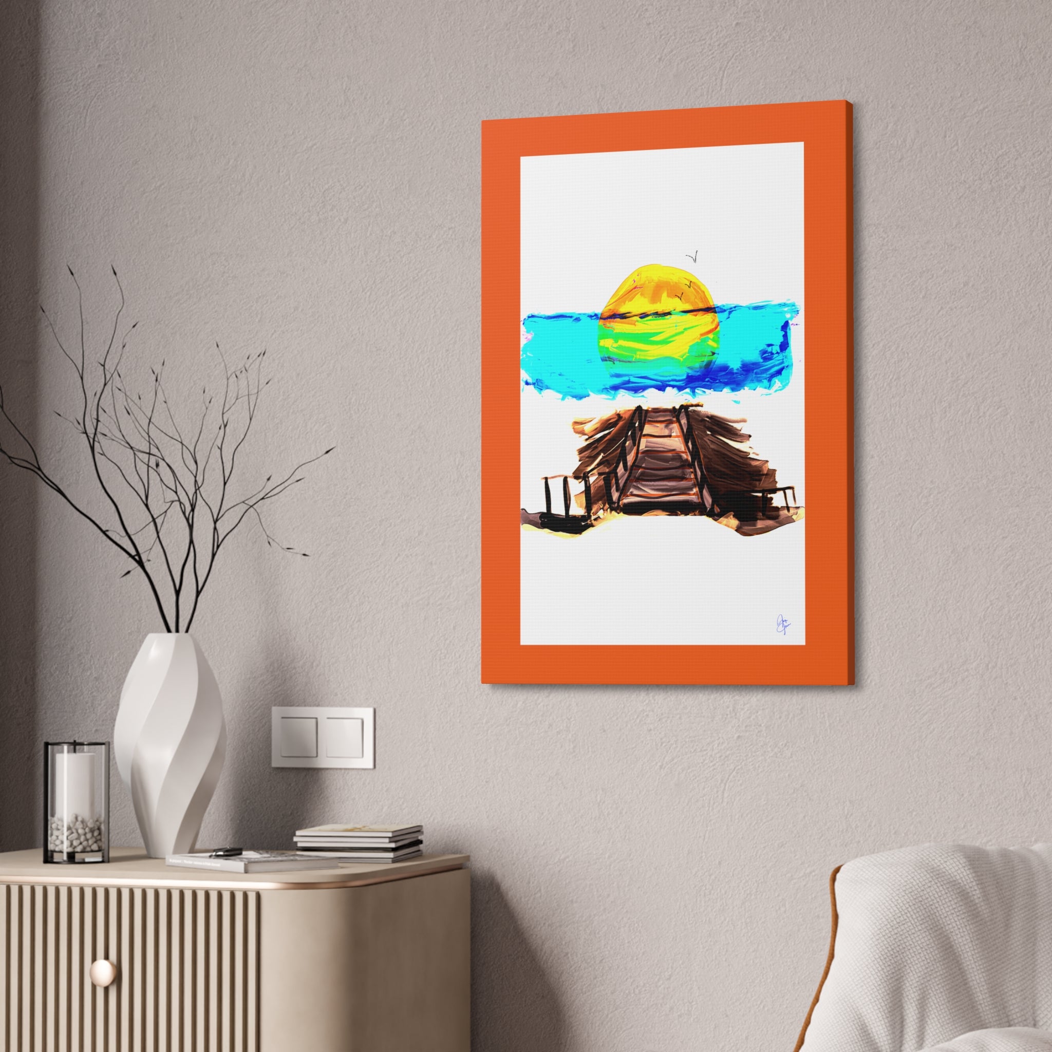 Beach Pier Sunrise Canvas Wall Art – Vibrant Tropical Seascape on Stretched Canvas