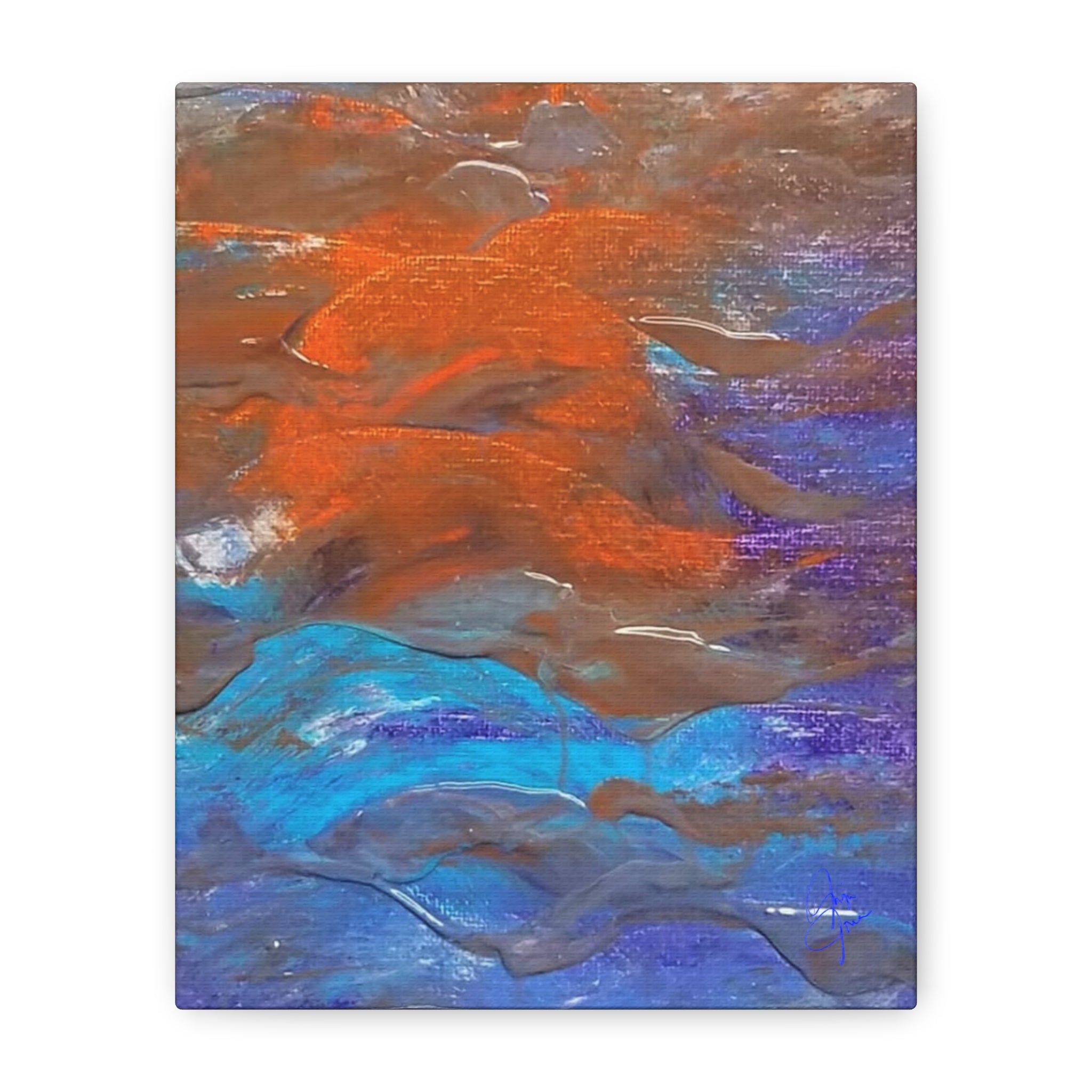 Abstract Ocean Waves Matte Canvas Art - Blue & Orange Textured Stretched Canvas