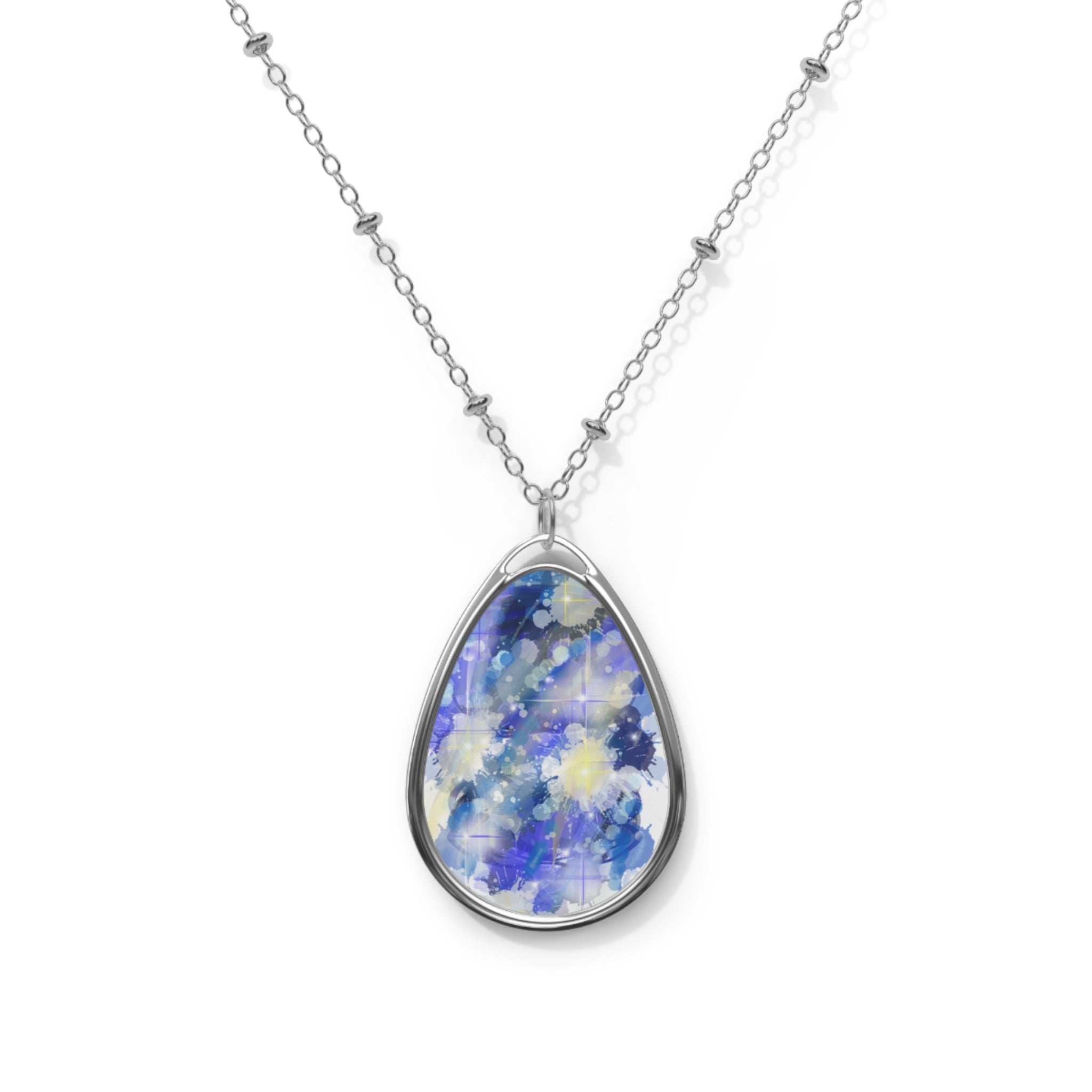 Silver Oval Pendant Necklace with Blue Floral Resin Inlay