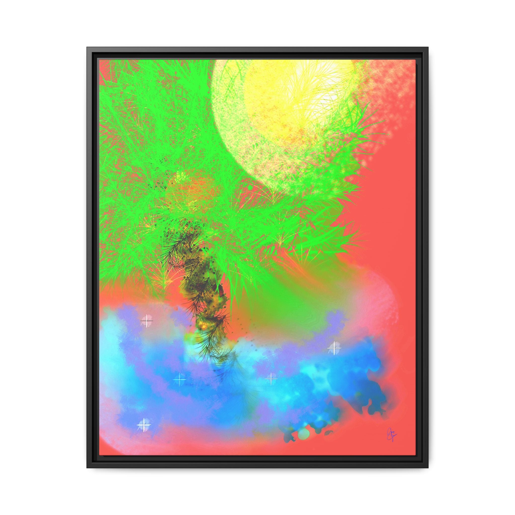 Abstract Neon Tree Matte Canvas Framed Art — Vibrant Green Moon Landscape
