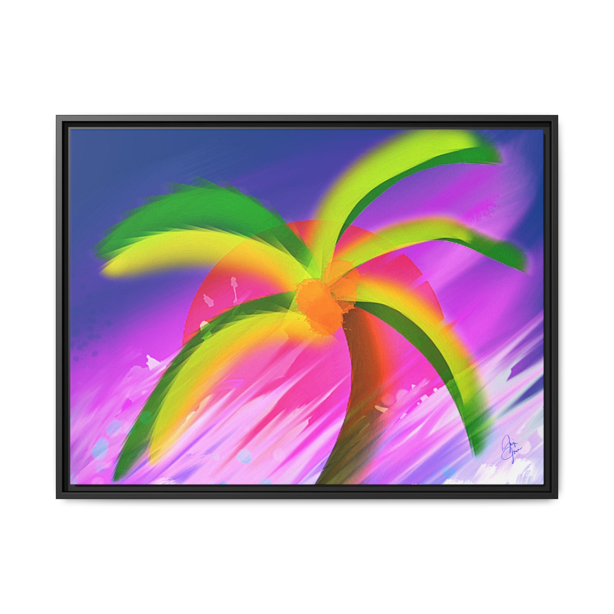 Framed Matte Canvas Print — Neon Palm Beach Art