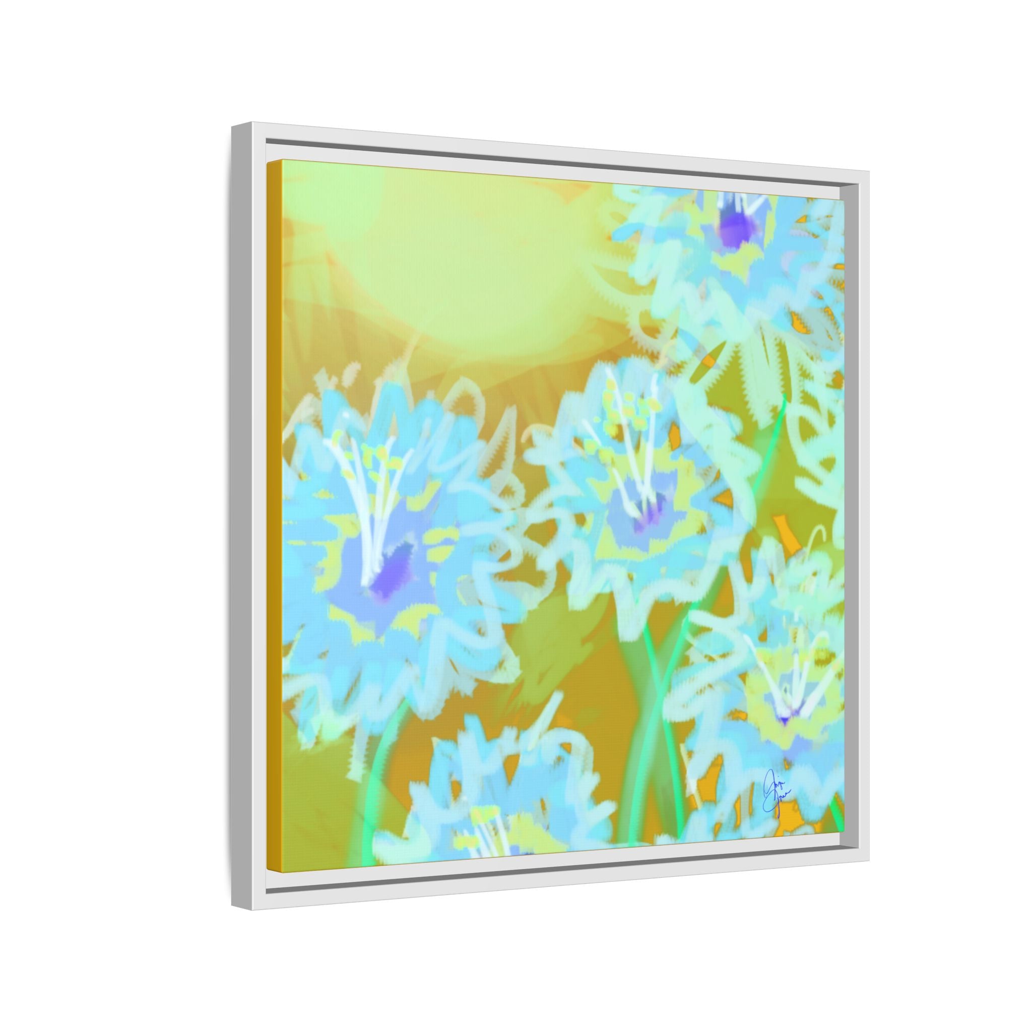 Framed Floral Canvas Art — Blue & Yellow Abstract Bouquet (Matte)