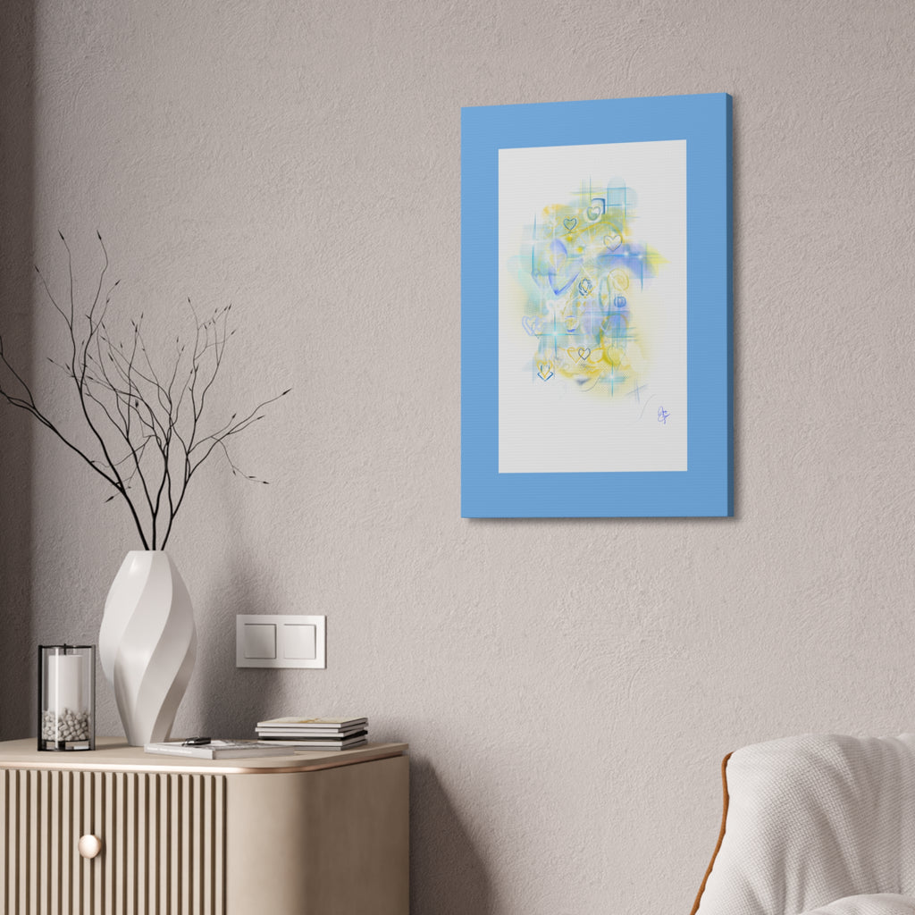 Pastel Heart Abstract Canvas Print — Blue & Yellow Stretched Wall Art (1.5")