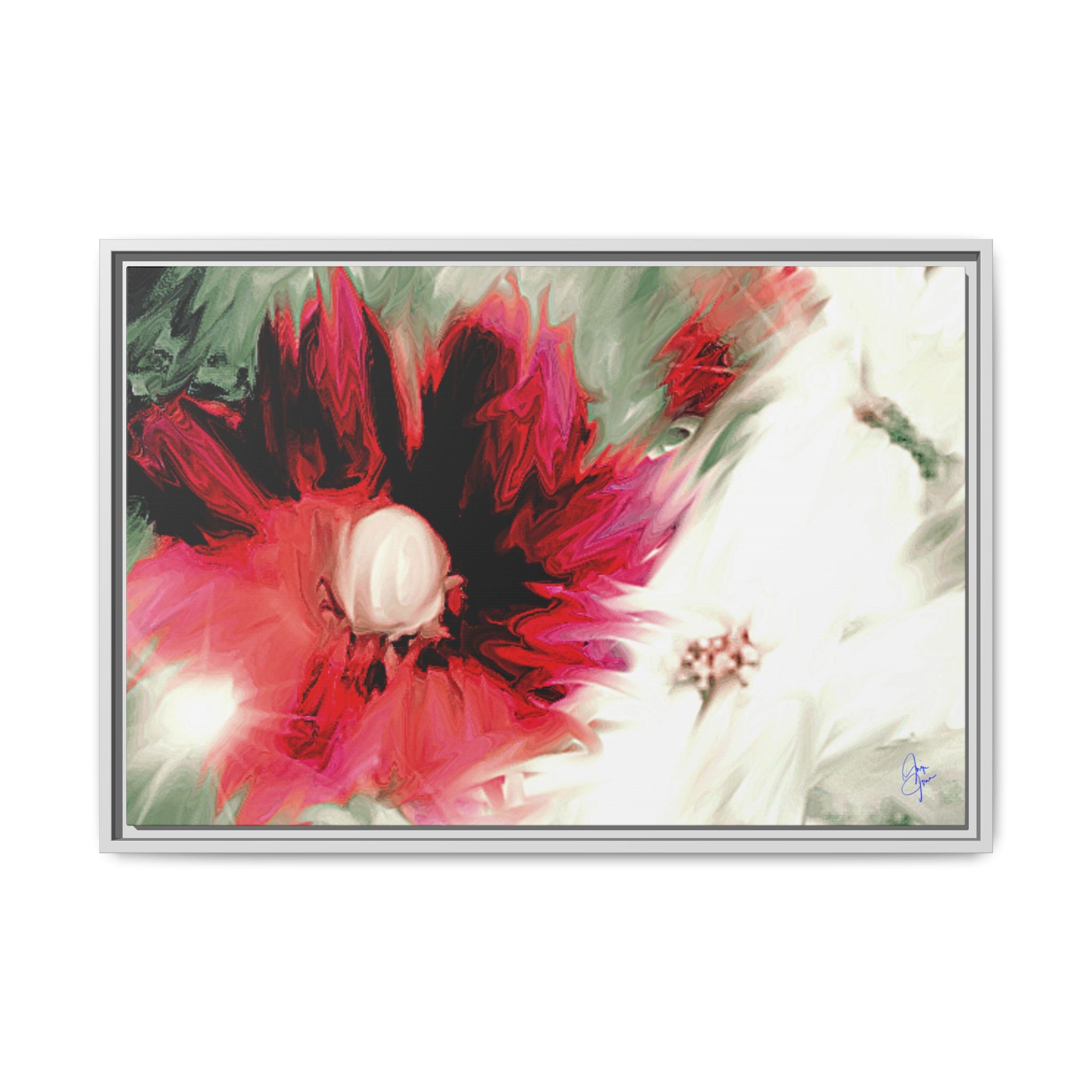 Framed Matte Canvas Print — Blurred Red & White Floral Art