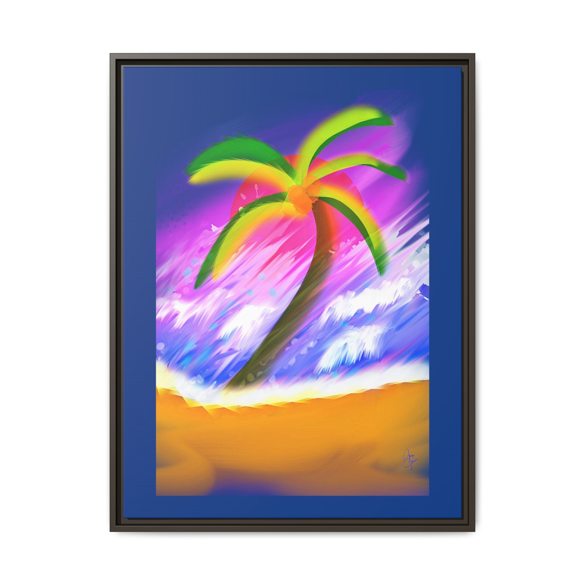 Framed Matte Canvas Print — Neon Palm Beach Art