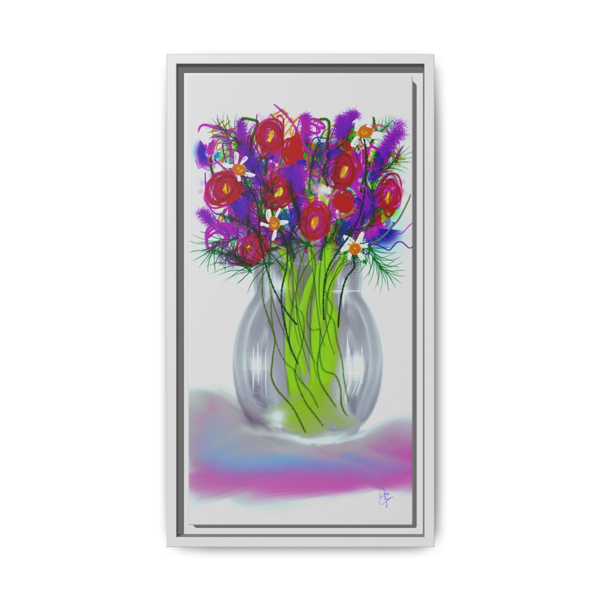 Framed Floral Bouquet Matte Canvas Wall Art — Colorful Abstract Flowers in Vase