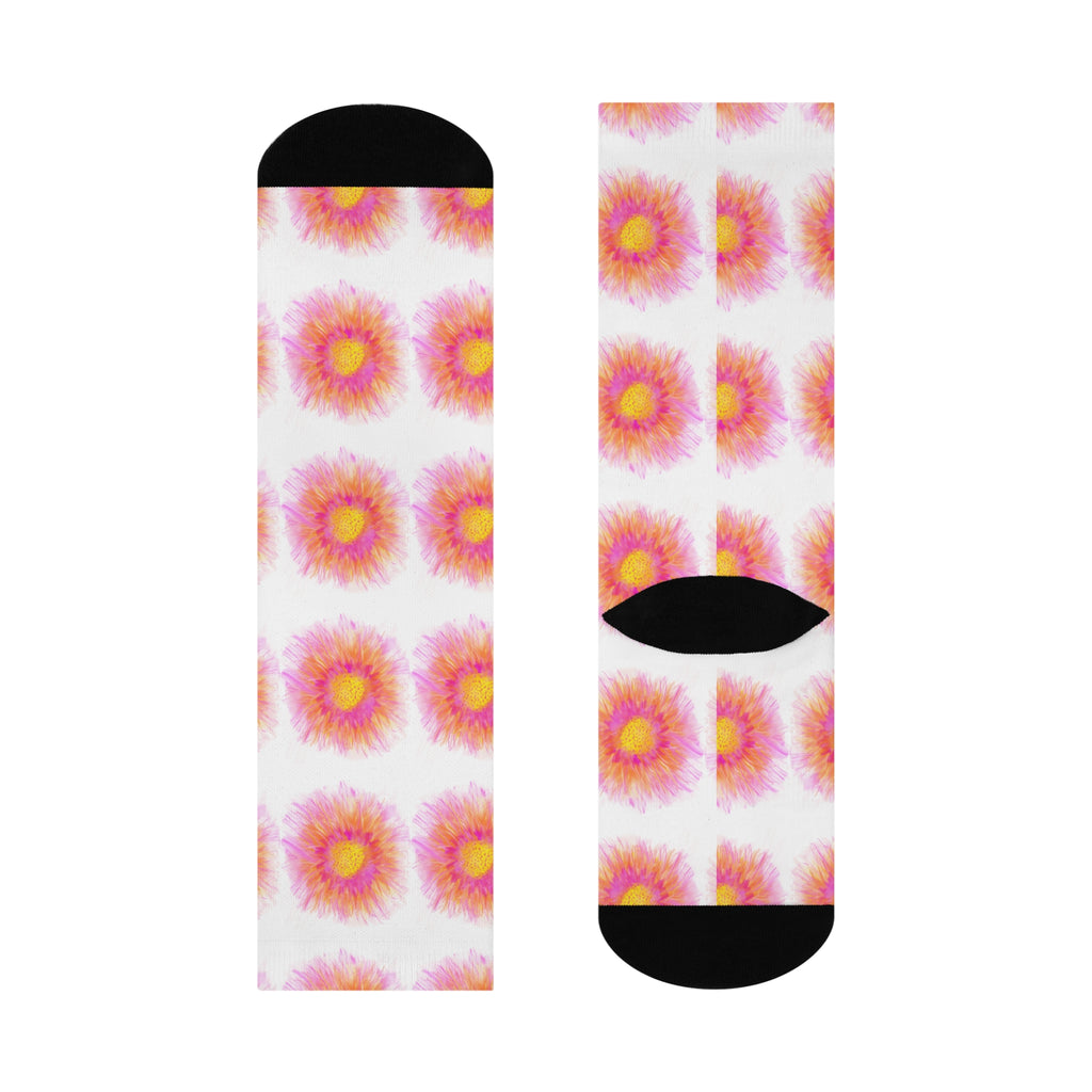 Floral Burst Cushioned Crew Socks – Pink & Yellow Tie-Dye Sunflowers