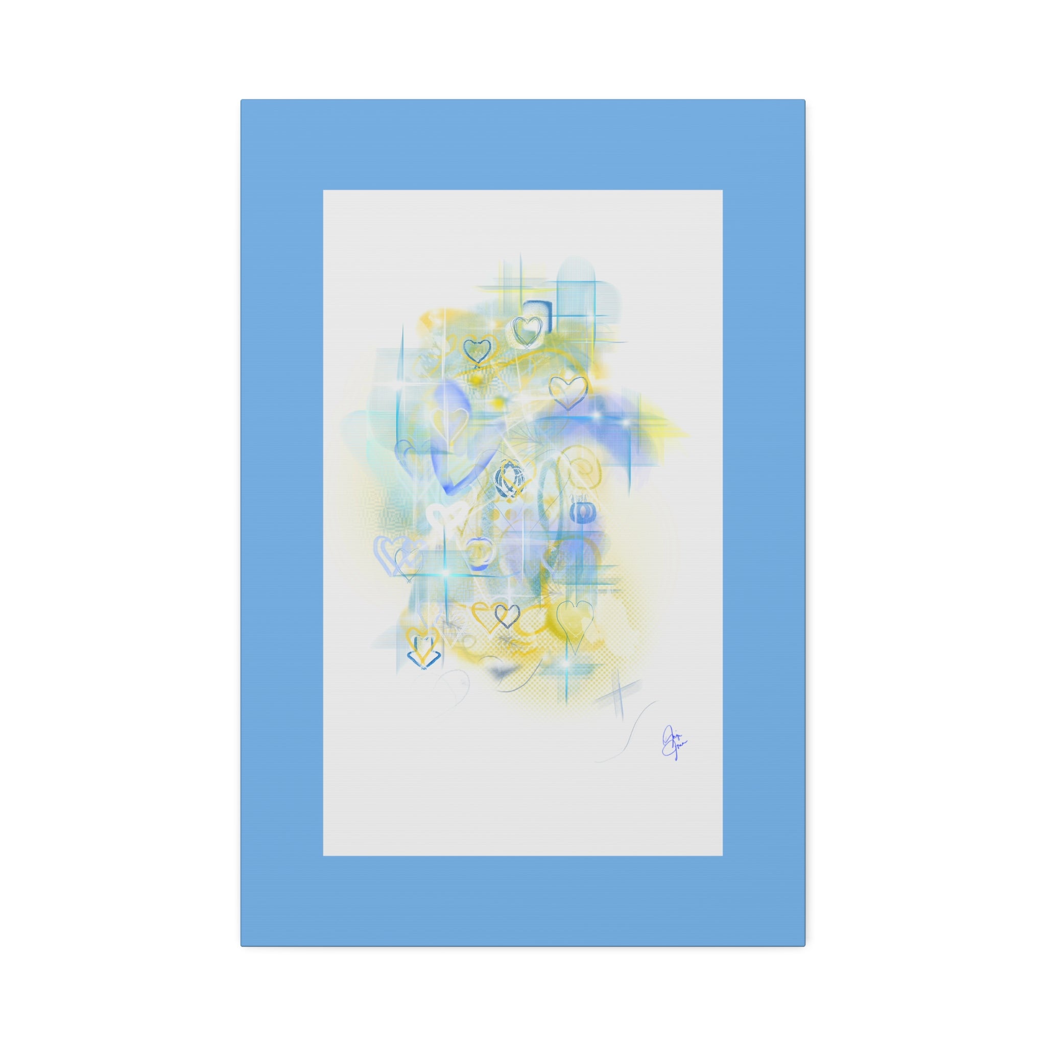 Pastel Heart Abstract Canvas Print — Blue & Yellow Stretched Wall Art (1.5")