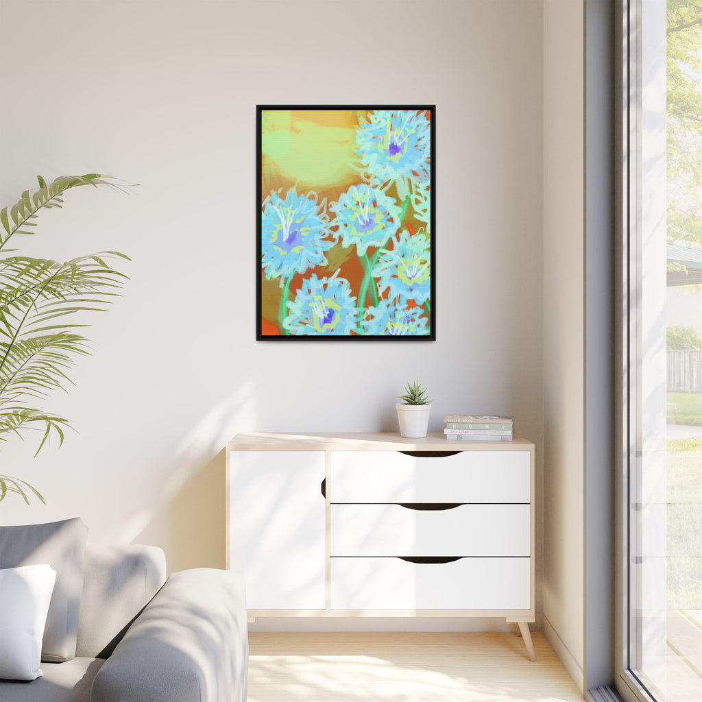 Framed Floral Canvas Art — Blue & Yellow Abstract Bouquet (Matte)